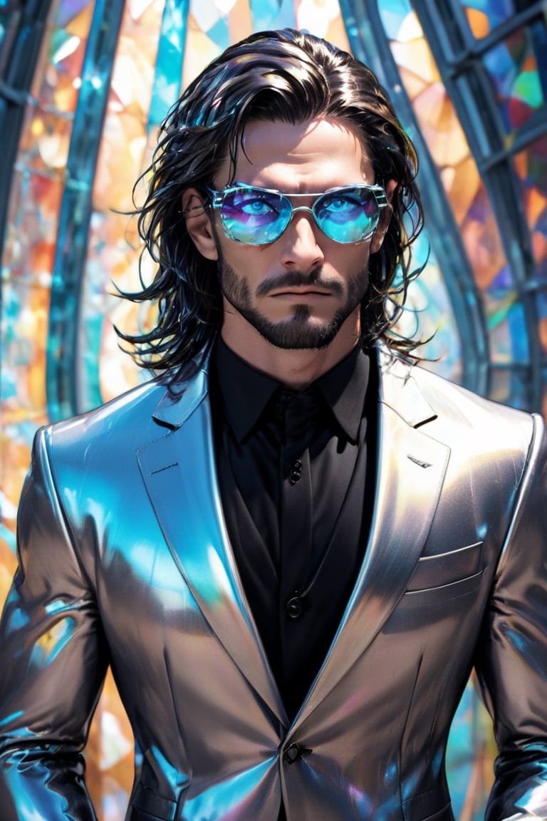 1man calcasian, masculine, mesomorph body type, swiped medium long hair, (lenny:1.2), using a abstract crystalline futuristic sports glasses covering the eyes made of solid transparent glass, expensive suit made of (stained glass) , realistic, (bokeh), detailed, illuminated, 3d render, unreal engine, HDR 