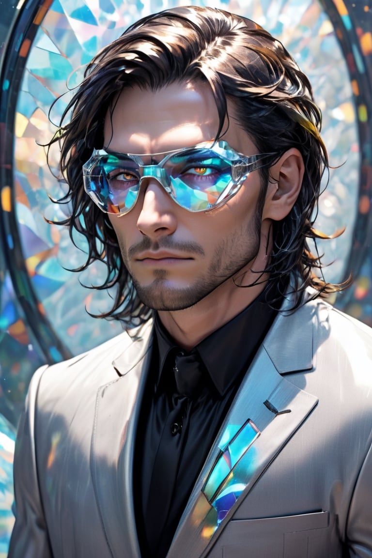1man calcasian, masculine, mesomorph body type, swiped medium long hair, (lenny:1.2), using a abstract crystalline futuristic sports glasses covering the eyes made of solid transparent glass, expensive suit made of (stained glass) , realistic, (bokeh), detailed, illuminated, 3d render, unreal engine, HDR 