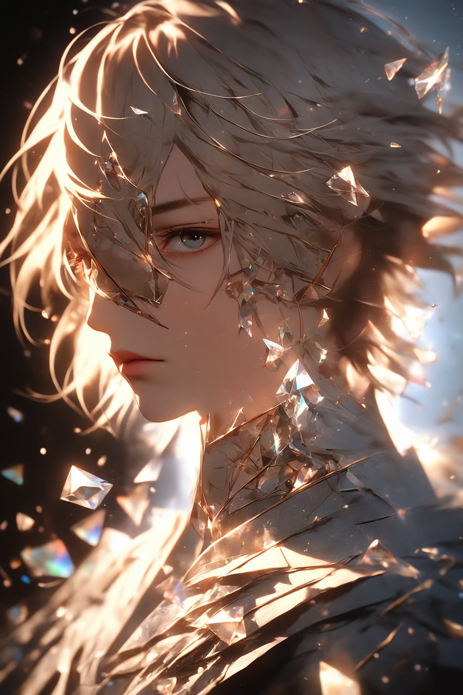 1boy, (crystal mask), broken glass garments, solo, short hair, bangs, beige layered hair, beige eyebrows, gray eyes, long sleeves, closed mouth, upper body, male focus, profile, light particles, bokeh, masterpiece, digital art, award winner, bealtyfull, intense, bright colors, octane, 3d render, realistic, shards