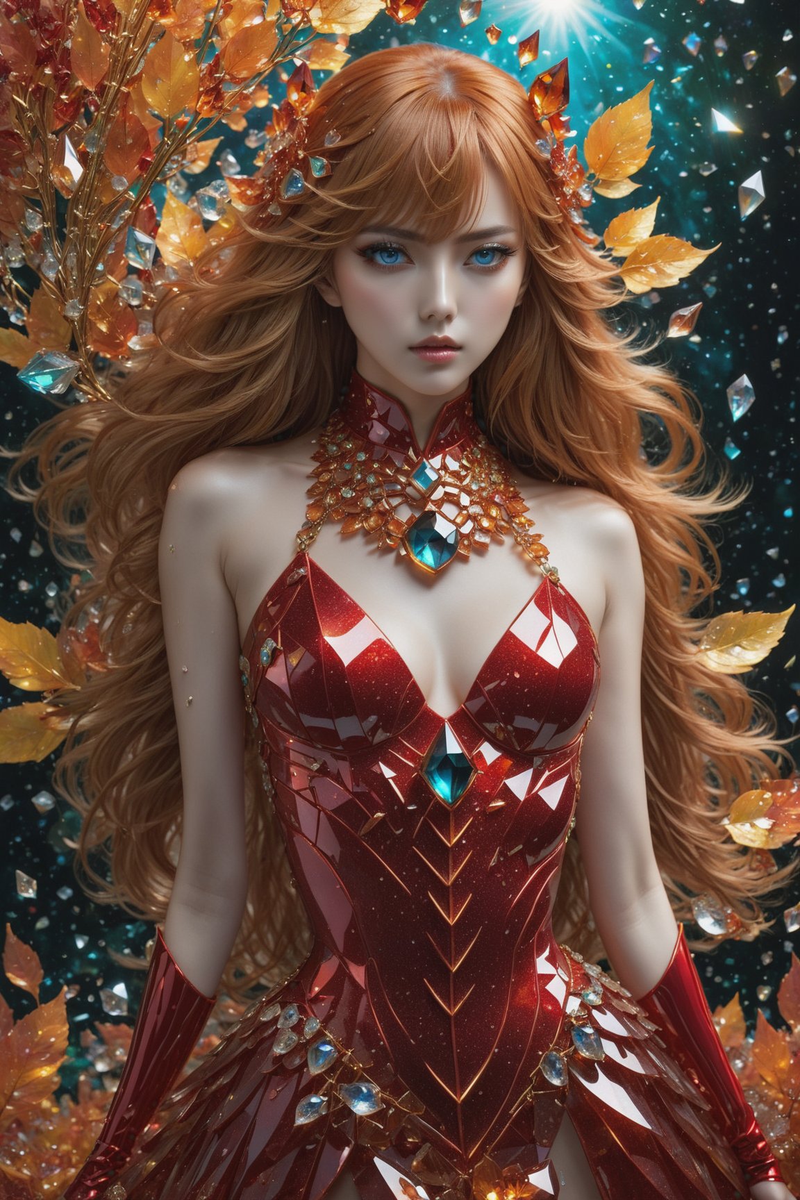 Asuka Langley Soryu adorned in a dazzling fantasy-inspired glass fantasy asymmetric dress, includes an eye-covering mask, perfect skin, Broken Glass effect, no background, stunning, something that even doesn't exist, eyes shoot,oil paint, crystal_clear, crystals made out of leaves, skpleonardostyle,