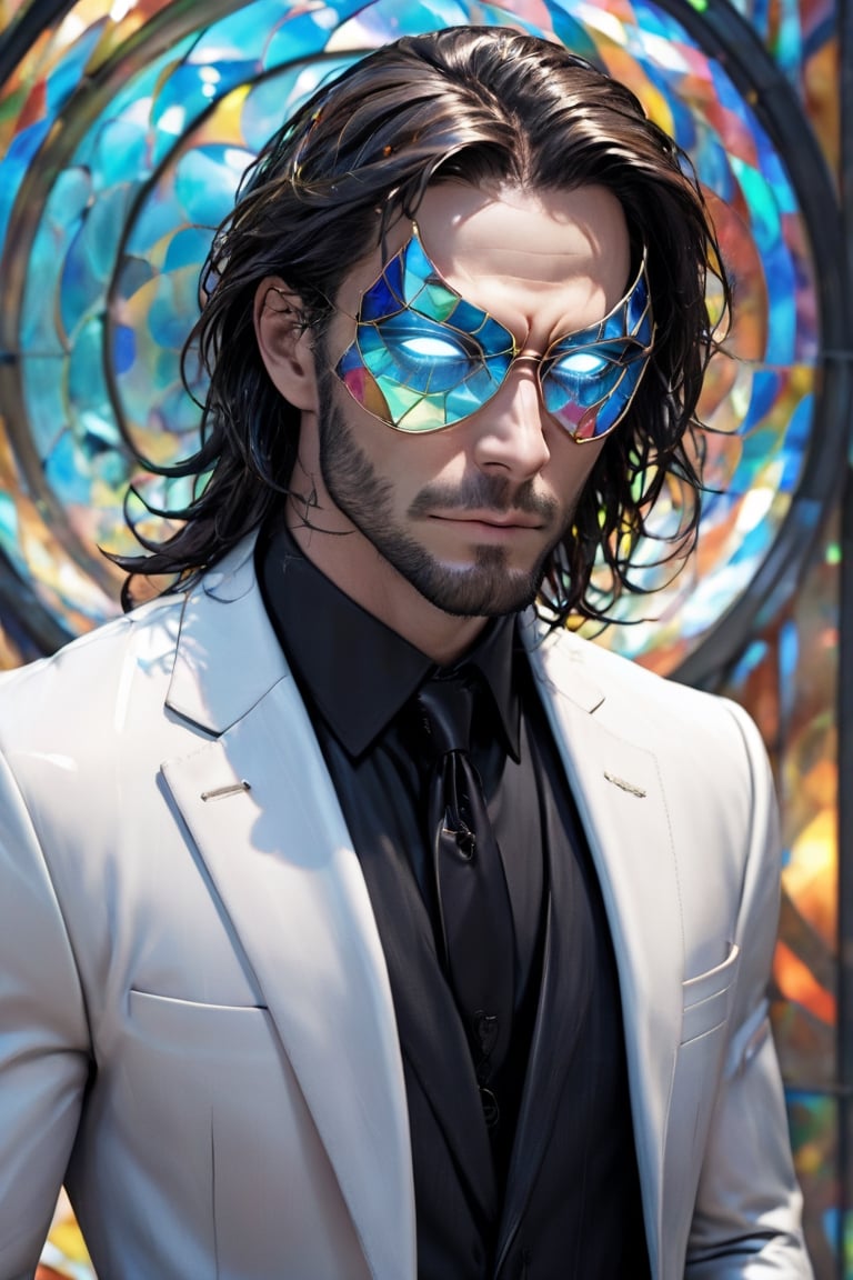 1man calcasian, masculine, mesomorph body type, swiped medium long hair, (lenny:1.2), using a abstract half-mask covering the eyes made of transparent glass, expensive suit made of (stained glass) , realistic, (bokeh), detailed, illuminated, 3d render, unreal engine, HD, 4k