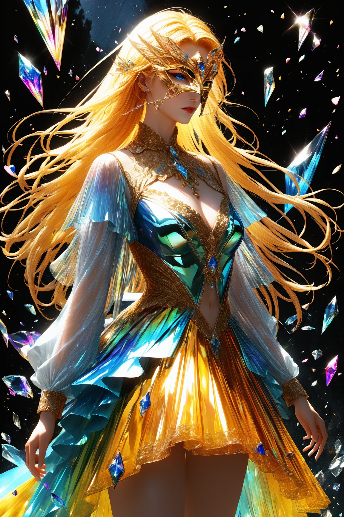1girl, golden yellow long hair, (strait hair), (blue eyes), ranbow red fantasy-inspired mirrored glass shards expensive clothes, long cut neckline, eye-covering mask, crystal, petals falling, Broken Glass effect, no background, stunning, something that even doesn't exist, mythical being, energy, textures, iridescent and luminescent shards, divine presence, cowboy shot, Volumetric light, auras, rays, vivid colors reflects, Broken Glass effect, eyes shoot, oil paint, male focus, 3d render, digital art, realistic