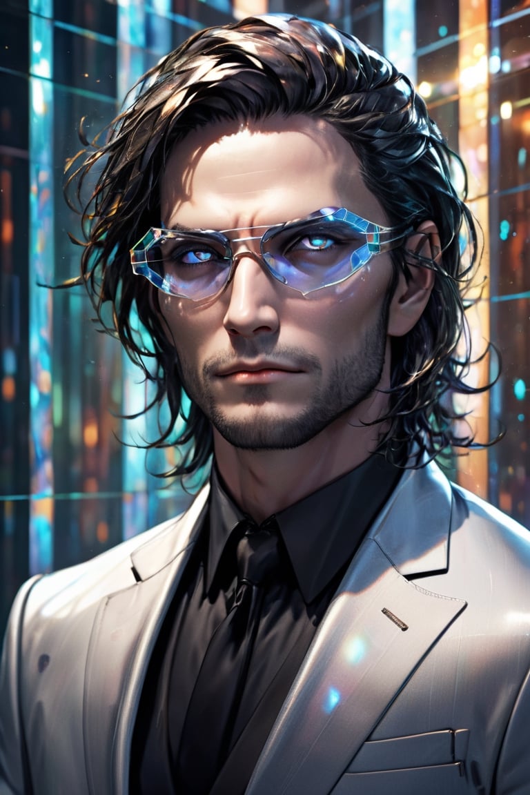 1man calcasian, masculine, mesomorph body type, swiped medium long hair, (lenny:1.2), using a abstract  sci-fi glasses covering the eyes made of transparent glass, expensive suit made of (stained glass) , realistic, (bokeh), detailed, illuminated, 3d render, unreal engine, HD,