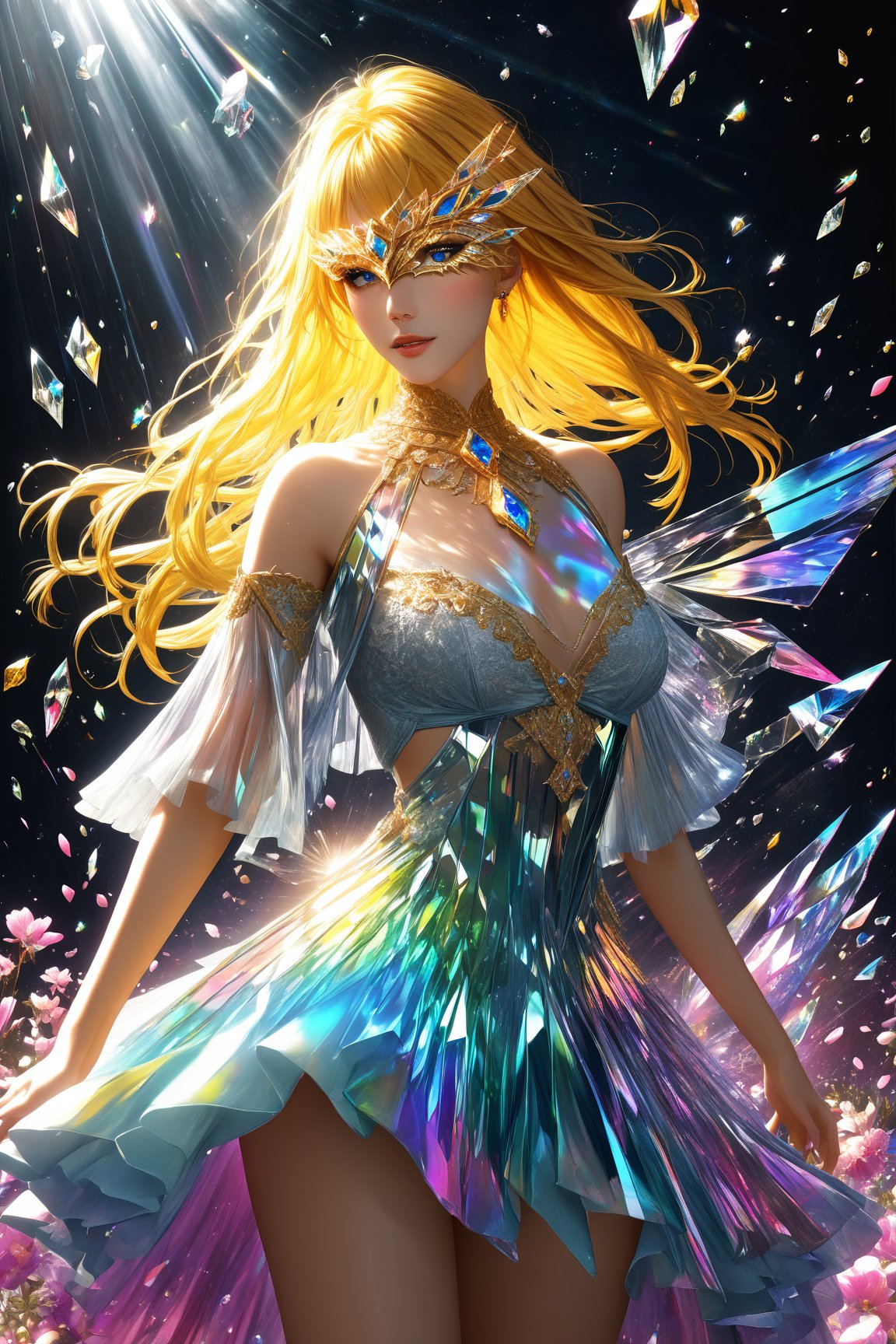 1girl, golden yellow hair, (strait hair), (blue eyes), ranbow red fantasy-inspired mirrored glass shards expensive clothes, long cut neckline, eye-covering mask, crystal, petals falling, Broken Glass effect, no background, stunning, something that even doesn't exist, mythical being, energy, textures, iridescent and luminescent shards, divine presence, cowboy shot, Volumetric light, auras, rays, vivid colors reflects, Broken Glass effect, eyes shoot, oil paint, male focus, 3d render, digital art, realistic