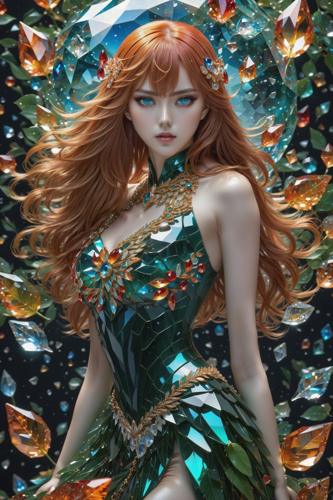 Asuka Langley Soryu adorned in a dazzling fantasy-inspired glass fantasy asymmetric dress, includes an eye-covering mask, perfect skin, Broken Glass effect, no background, stunning, something that even doesn't exist, eyes shoot,oil paint, crystal_clear, crystals made out of leaves, skpleonardostyle,