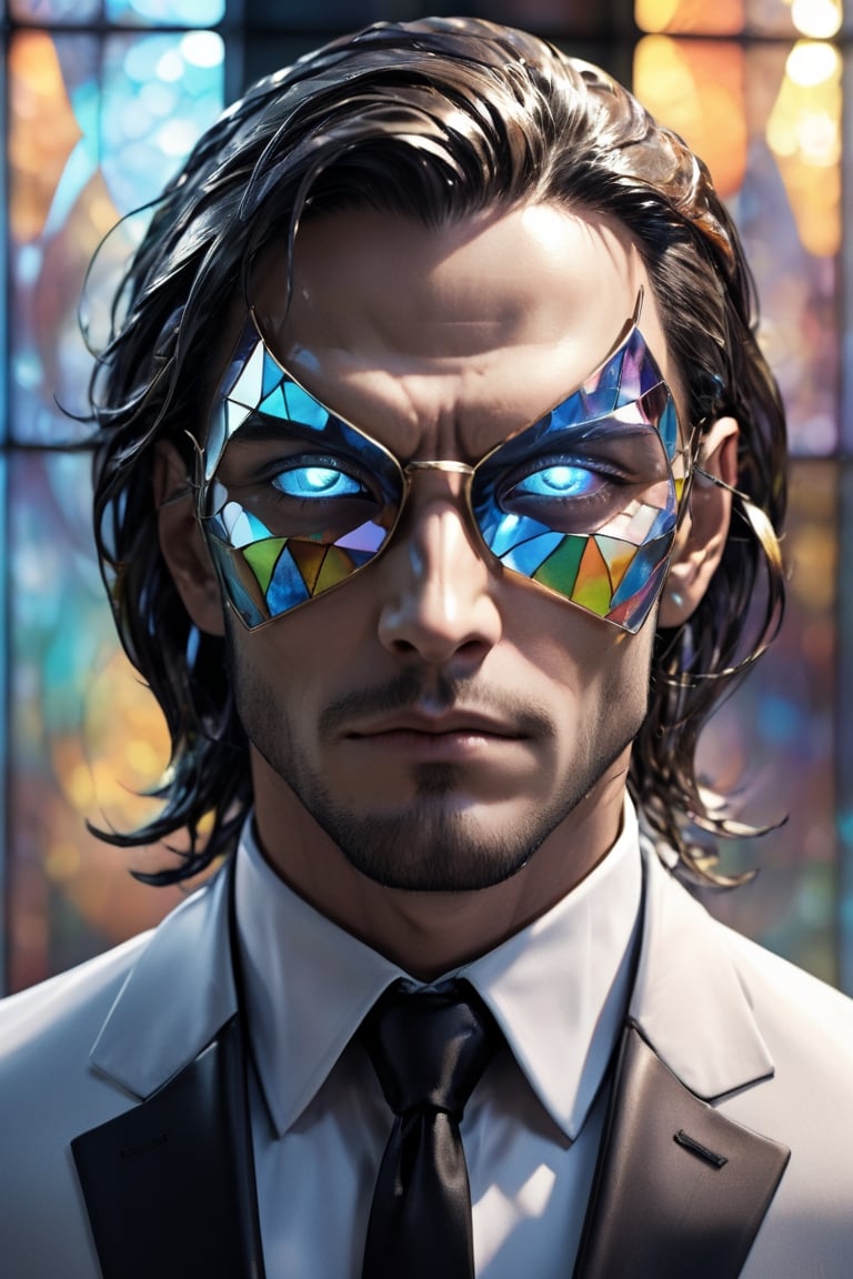 1man calcasian, masculine, mesomorph body type, swiped medium long hair, (lenny:1.2), using a abstract half-mask covering the eyes made of transparent glass, expensive suit made of (stained glass) , realistic, (bokeh), detailed, illuminated, 3d render, unreal engine, HD, 4k