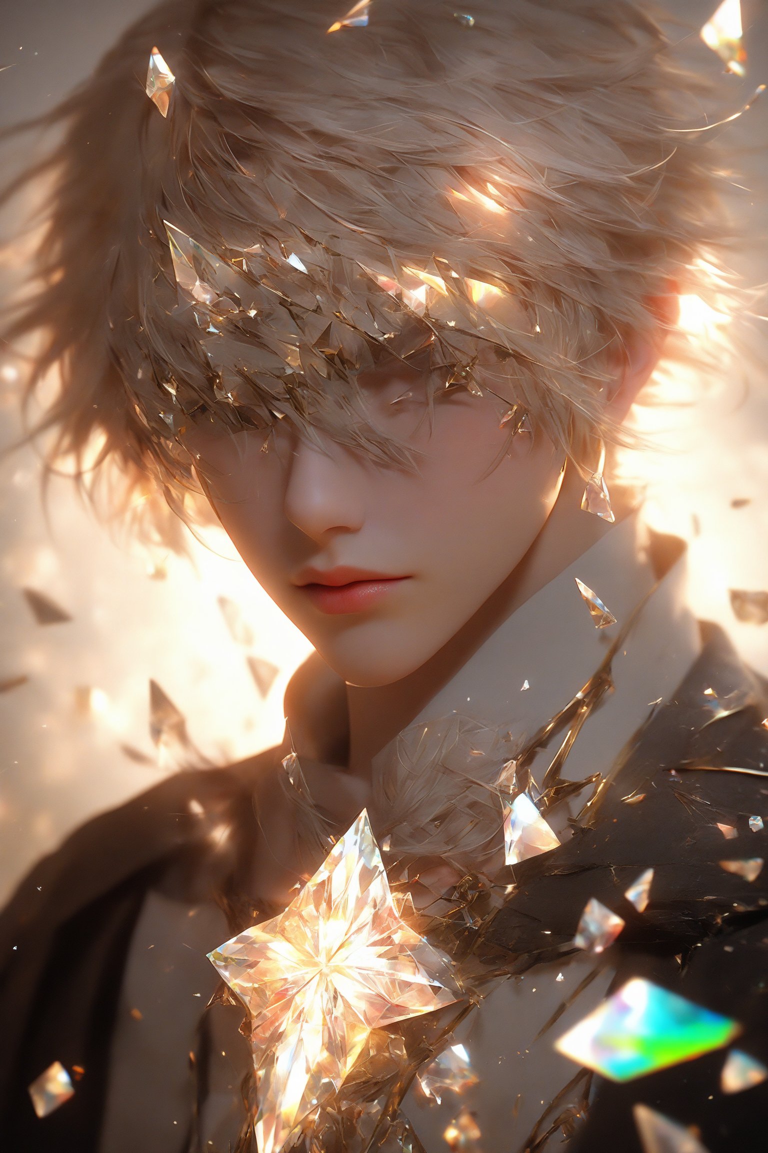 1boy, (crystal mask), broken glass garments, solo, short hair, bangs, beige layered hair, beige eyebrows, gray eyes, long sleeves, closed mouth, upper body, male focus, profile, light particles, bokeh, masterpiece, digital art, award winner, bealtyfull, intense, bright colors, octane, 3d render, realistic, shards