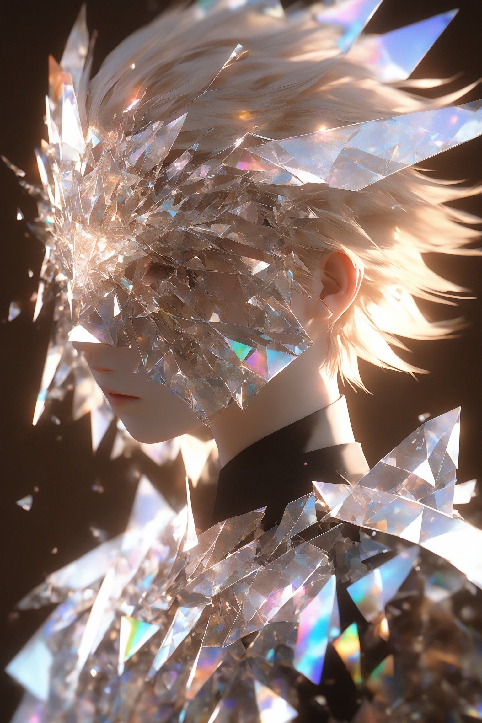 1boy, (crystal mask), broken glass garments, solo, short hair, bangs, beige layered hair, beige eyebrows, gray eyes, long sleeves, closed mouth, upper body, male focus, symmetrical face, profile, light particles, bokeh, masterpiece, digital art, award winner, bealtyfull, intense, bright colors, octane, 3d render, realistic, shards