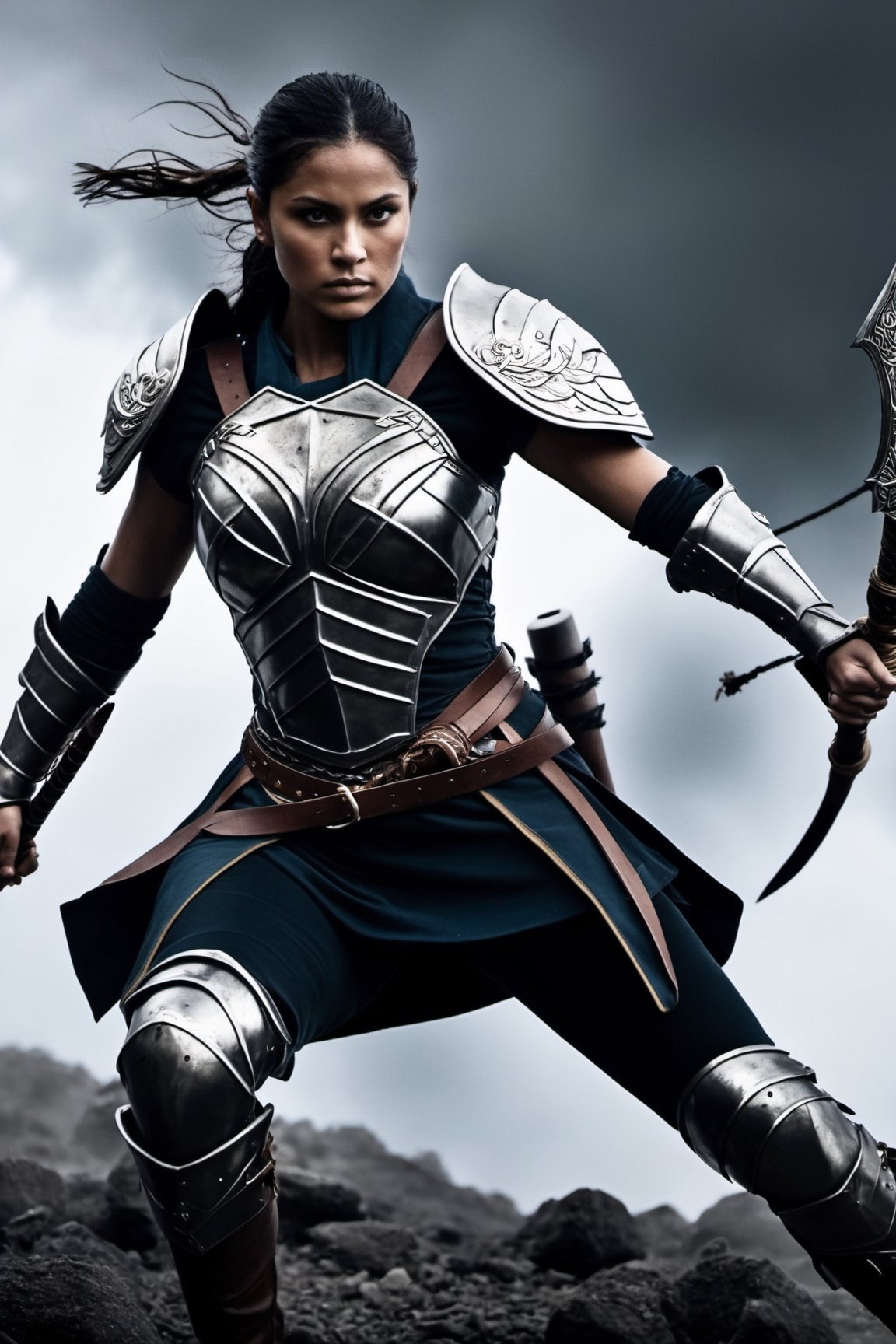Amidst the chaos and carnage of the battlefield, a fierce and fearless woman warrior emerges, her battle-worn armor glistening with sweat and determination. With a steely gaze and a sword held high, she commands respect and strikes fear into the hearts of her enemies. Her movements are fluid and precise, a deadly dance of agility and strength. The sound of her war cries echoes through the air, inspiring courage in her allies and striking terror in the hearts of her foes. With every swing of her weapon, she fights with unwavering resolve, protecting her comrades and defending what she holds dear.