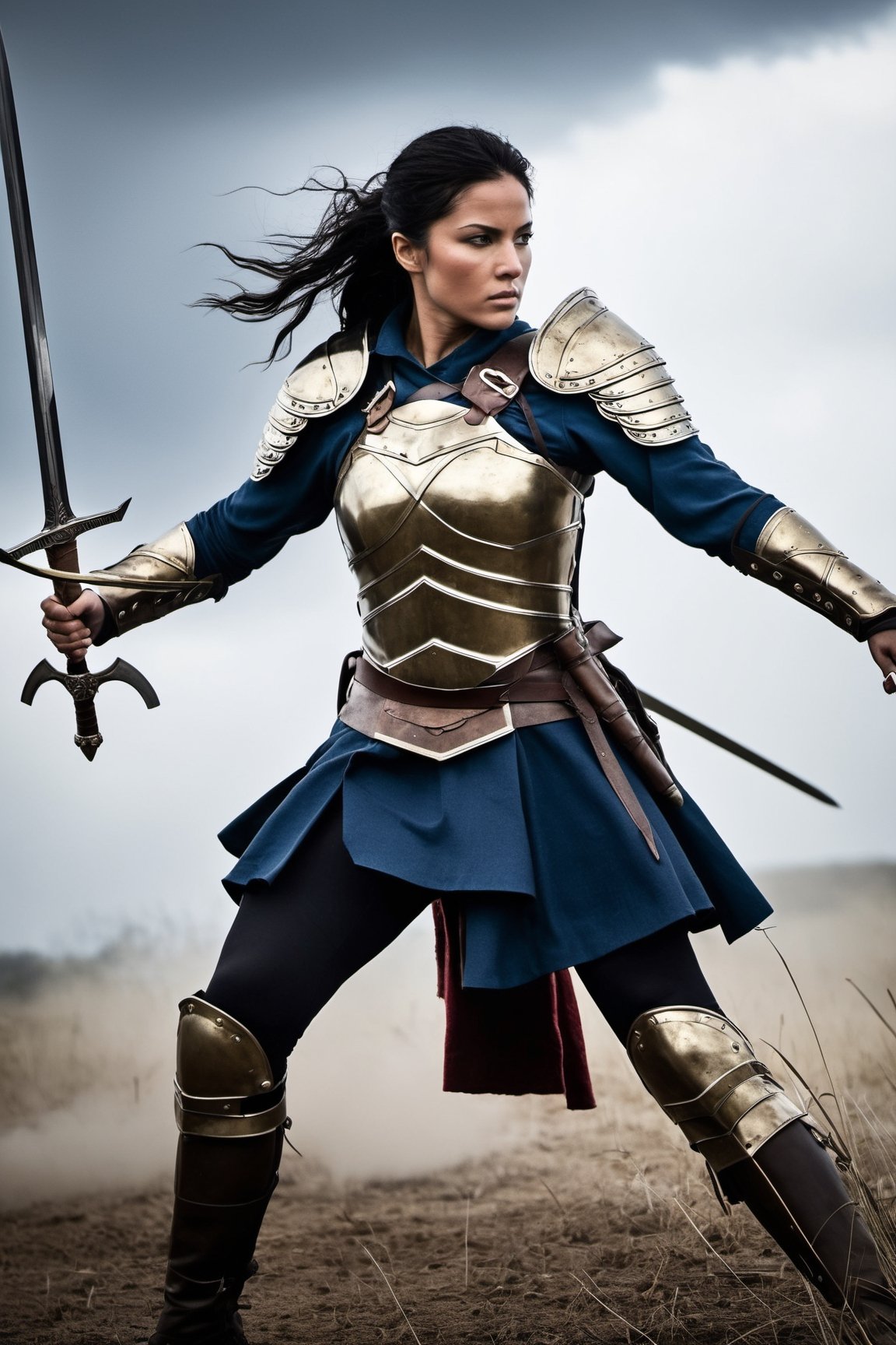 Amidst the chaos and carnage of the battlefield, a fierce and fearless woman warrior emerges, her battle-worn armor glistening with sweat and determination. With a steely gaze and a sword held high, she commands respect and strikes fear into the hearts of her enemies. Her movements are fluid and precise, a deadly dance of agility and strength. The sound of her war cries echoes through the air, inspiring courage in her allies and striking terror in the hearts of her foes. With every swing of her weapon, she fights with unwavering resolve, protecting her comrades and defending what she holds dear.