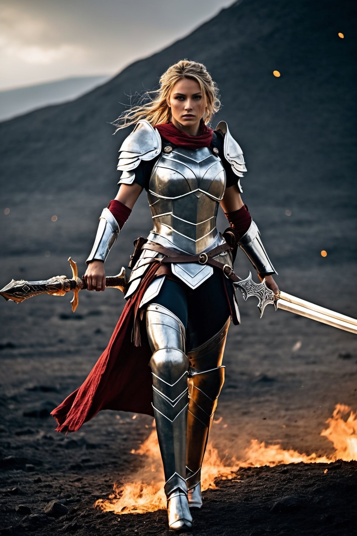 Amidst the chaos and carnage of the battlefield, a fierce and fearless woman warrior emerges, her battle-worn armor glistening with sweat and determination. With a steely gaze and a sword held high, she commands respect and strikes fear into the hearts of her enemies. Her movements are fluid and precise, a deadly dance of agility and strength. The sound of her war cries echoes through the air, inspiring courage in her allies and striking terror in the hearts of her foes. With every swing of her weapon, she fights with unwavering resolve, protecting her comrades and defending what she holds dear.