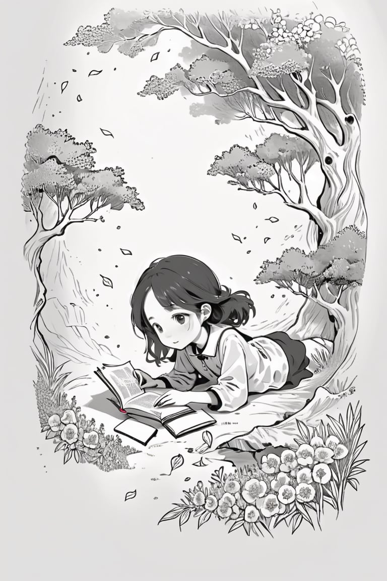 1girl,lineart,white background,read a book,,YUN-QIU Draw BW
