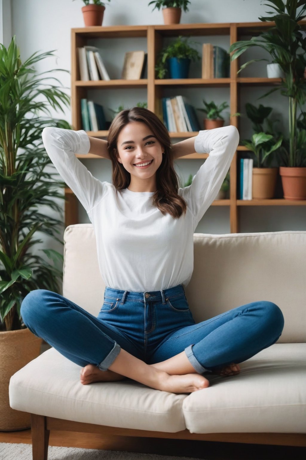  young woman is sitting cross-legged on a couch, with her hands resting behind her head and smiling. She is wearing a white long-sleeve shirt and blue denim shorts. The background is a minimalist indoor setting with a plant and a bookshelf