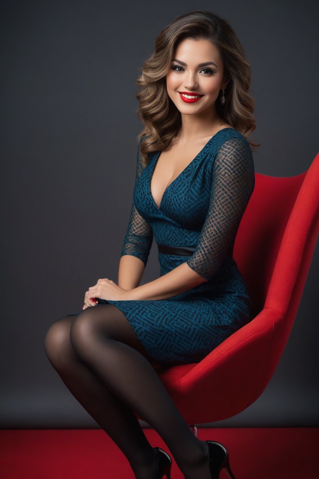 A stylish woman sitting on a modern red chair, with her legs crossed and slightly leaning forward. She is wearing a patterned tight dress, black stockings, and high heels. Her hair is long, wavy, and flowing over her shoulders. She has a confident smile and is looking forward.