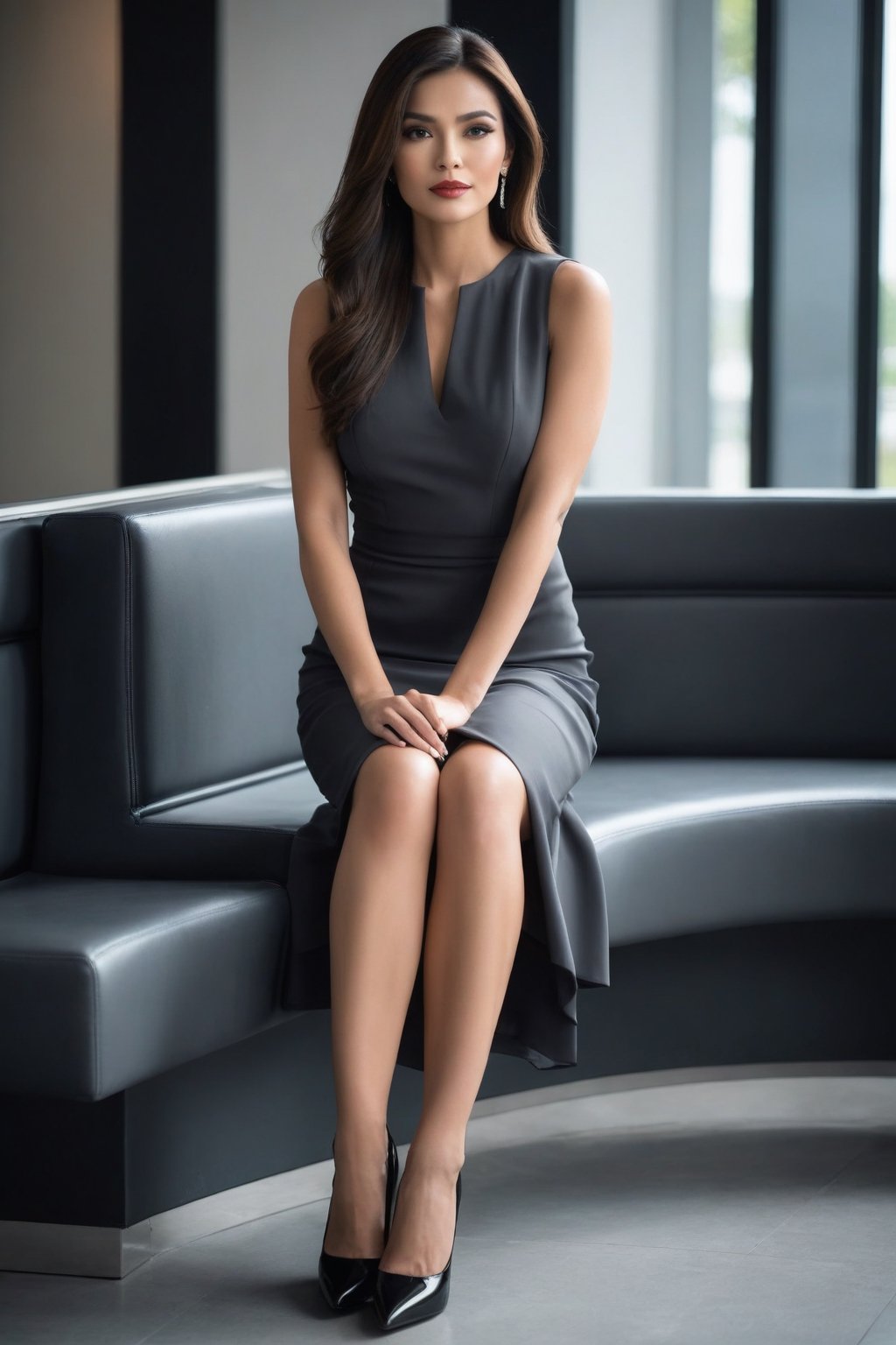 A stylish woman sitting on a white seat with her legs crossed, and one hand gently touching her chin. She is wearing a dark grey dress and black high heels. Her long, straight hair is flowing over her shoulders. She has a confident look and is gazing into the camera.