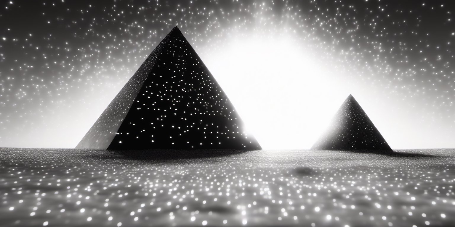 Diamond pyramid with dots shooting lights, like rays of light, black and white, towards the sky, cosmic, planets and aliens, surreal sci-fi movie, 4k, 