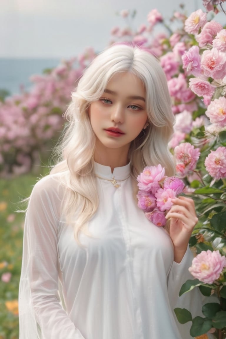 (masterpiece, best quality, niji style), (realistic, octane render, lot of details:6.3),
(full body photo :4.3), beautiful woman, korean woman, looking at the camera, (photo from head to toe:3.5),

(70s retro hairstyle:4.5),

clothing; ao dai vietnam, white ao dai, white dress, white clothings, 

long white pink pastel wavy hair, (white hair:3.5), brown eyes, beautiful eyes, closed mouth, The girl is tall and looks like a beauty queen,

hair blowing in the wind, small flower petals flying in the wind, flower petals flying in front of the girl,

(background is pink flower field of australia:1.1),

cinematic film still an awarded profesional photo of Leafwhisper, ideal body posture, perfect body proportions, hyperrealistic art, extremely high-resolution details, photographic, realism pushed to extreme, fine texture, incredibly lifelike,

different posture, up arms, ((arms up)), crazy mad aggressive face and eyes, fantasy, concept art, arms up, jump up, hands touch softly her face, (Both hands lift both tits:2.1),LinkGirl,aotac