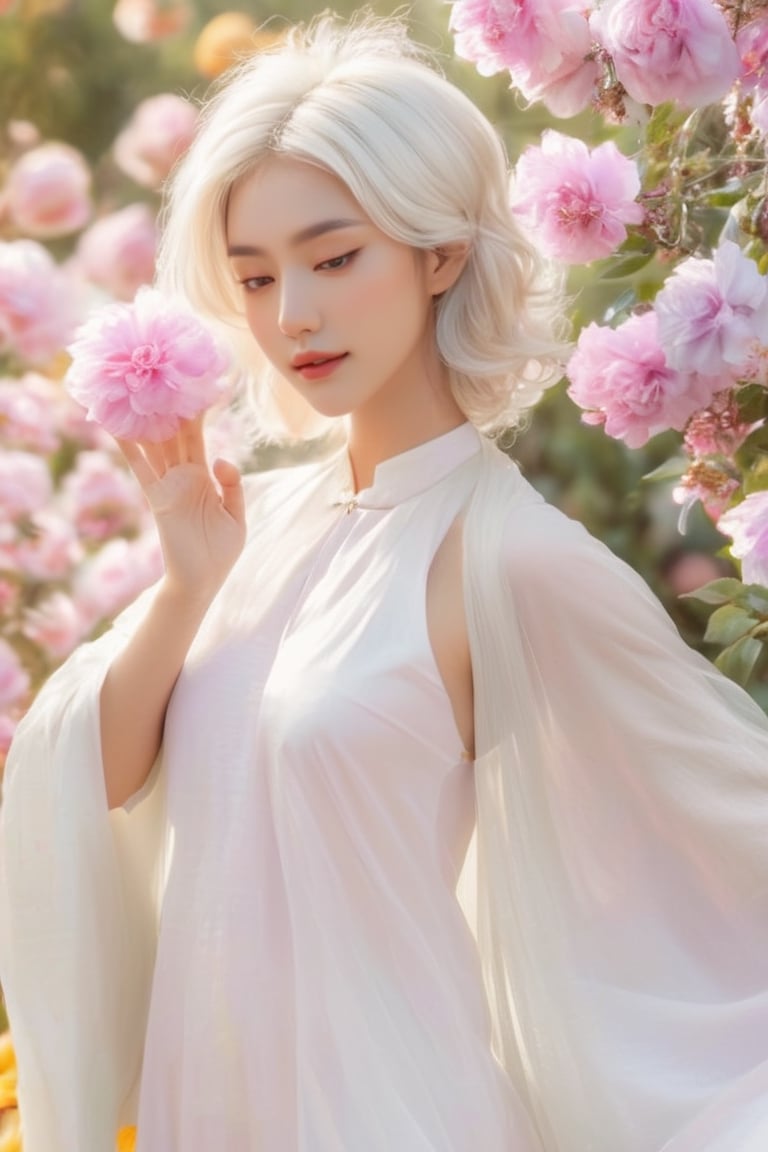 (masterpiece, best quality, niji style), (realistic, octane render, lot of details:6.3),
(full body photo :4.3), beautiful woman, korean woman, looking at the camera, (photo from head to toe:3.5),

(70s retro hairstyle:4.5),

clothing; ao dai vietnam, white ao dai, white dress, white clothings, 

long white pink pastel wavy hair, (white hair:3.5), brown eyes, beautiful eyes, closed mouth, The girl is tall and looks like a beauty queen,

hair blowing in the wind, small flower petals flying in the wind, flower petals flying in front of the girl,

(background is pink flower field of australia:1.1),

cinematic film still an awarded profesional photo of Leafwhisper, ideal body posture, perfect body proportions, hyperrealistic art, extremely high-resolution details, photographic, realism pushed to extreme, fine texture, incredibly lifelike,

different posture, up arms, ((arms up)), crazy mad aggressive face and eyes, fantasy, concept art, arms up, jump up, hands touch softly her face, (Both hands lift both tits:2.1),LinkGirl,aotac,xxmix_girl
