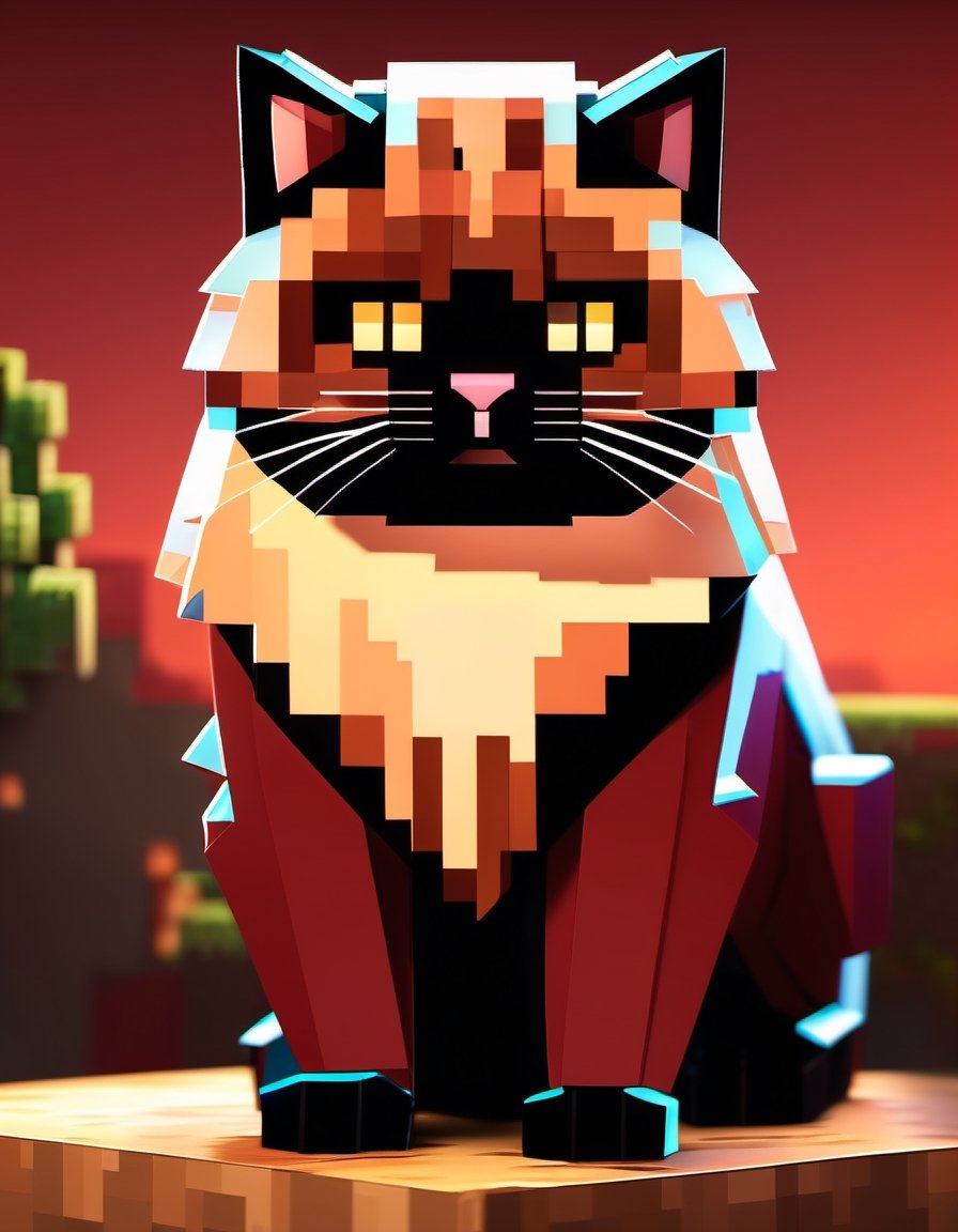  minecraft, MOBA style, Himalayan Cat, the Himalayan Cat is Robotic, Maroon color grading . Dreamlike, mysterious, provocative, symbolic, intricate, detailed,minecraft