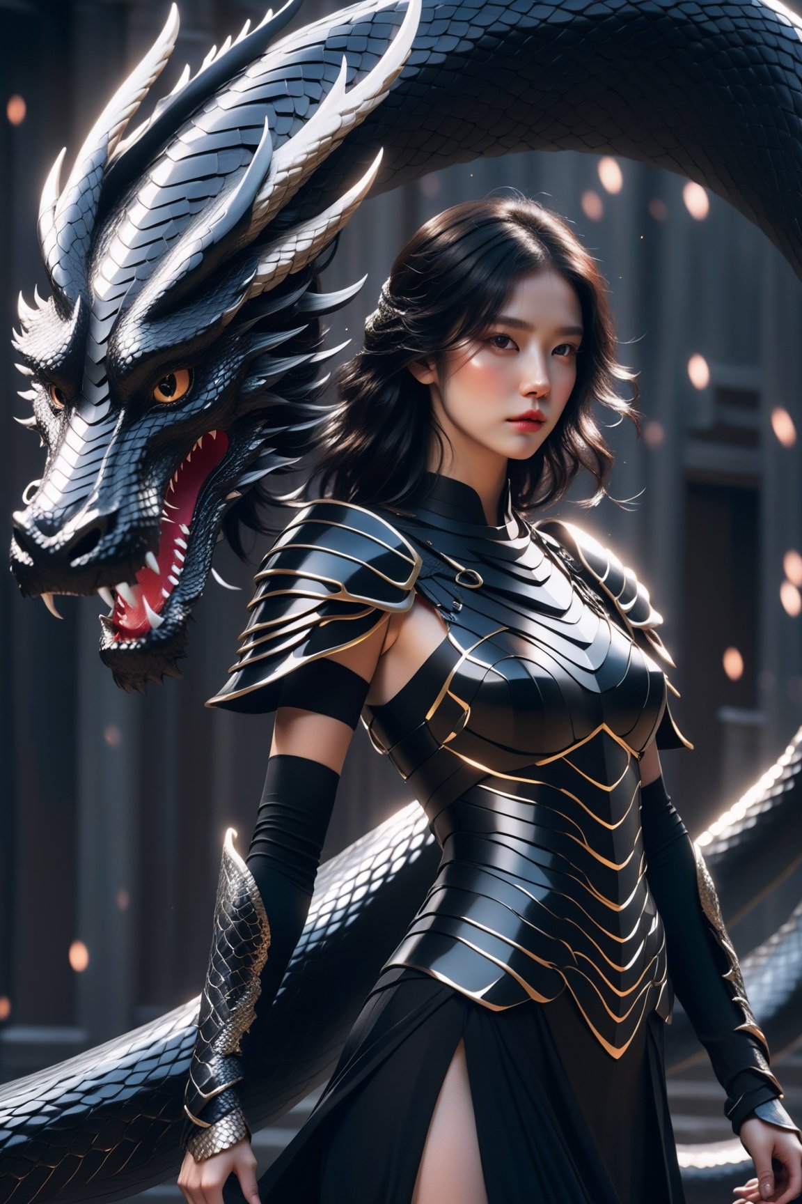 A young woman wearing a black armor-dress, she has black wavy hair with a streak of white hair, around her a powerful serpent is her dragon, fantasy art, raytraced, light particles,AI_Misaki