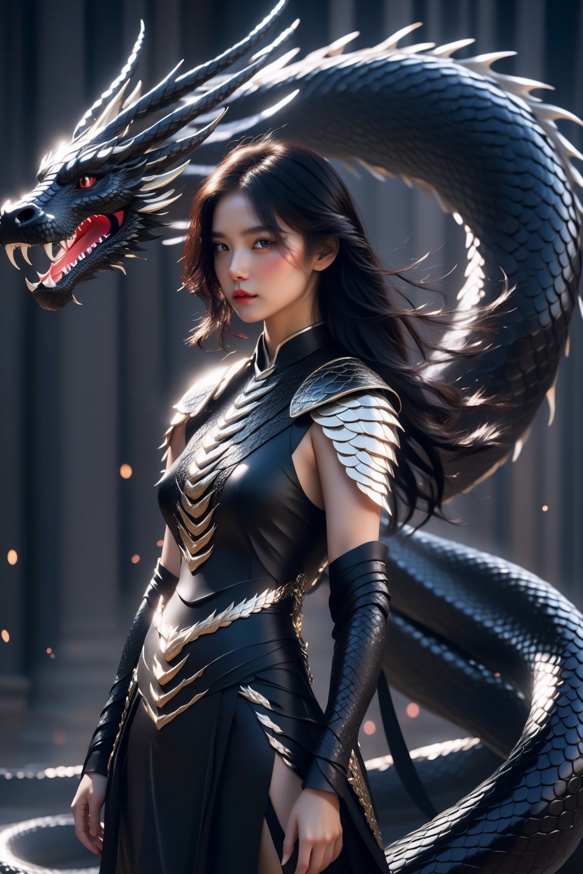 A young woman wearing a black armor-dress, she has black wavy hair with a streak of white hair, around her a powerful serpent is her dragon, fantasy art, raytraced, light particles,AI_Misaki