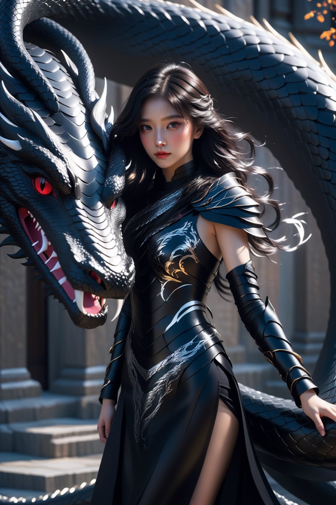 A young woman wearing a black armor-dress, she has black wavy hair with a streak of white hair, around her a powerful serpent is her dragon, fantasy art, raytraced, light particles,AI_Misaki