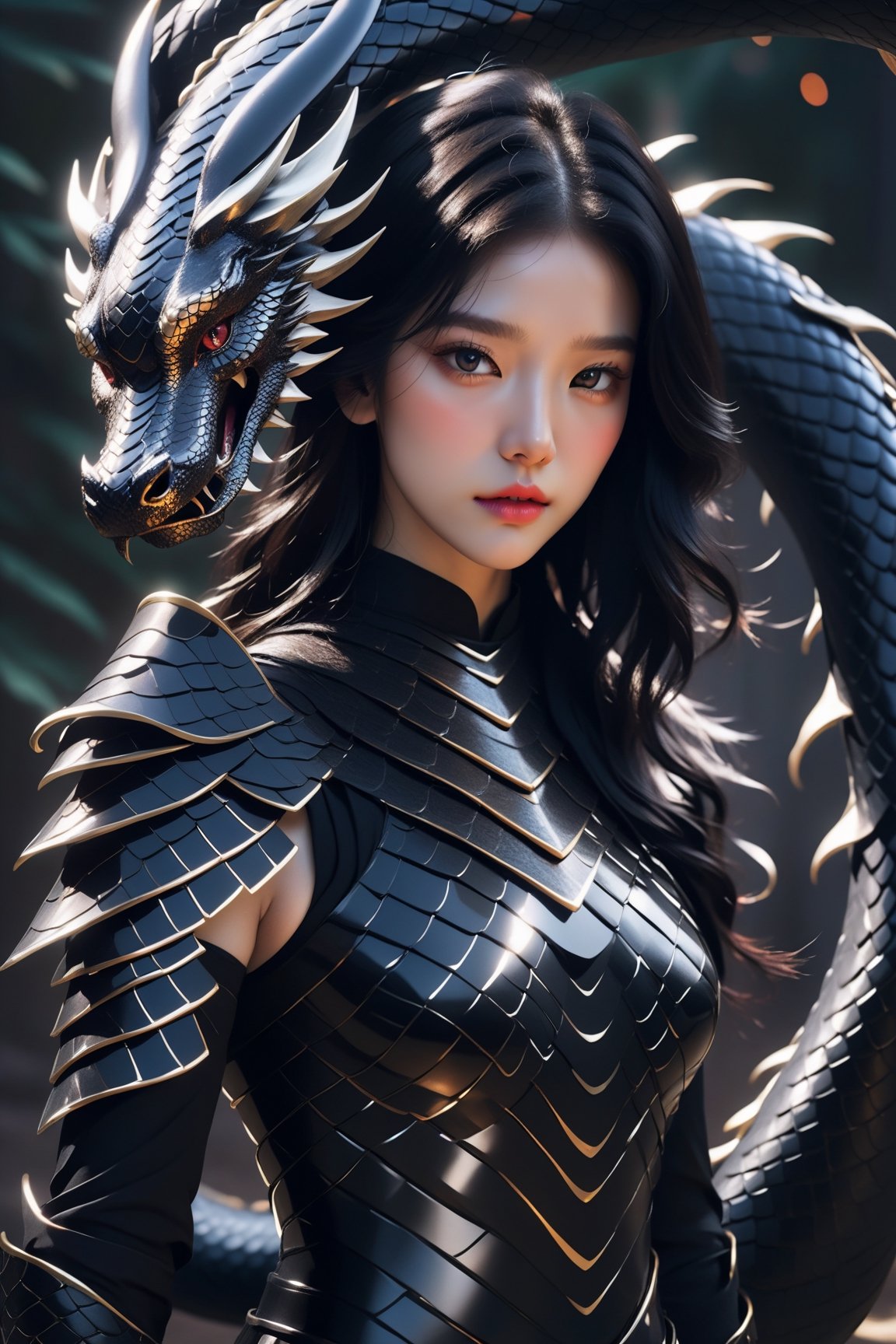 A young woman wearing a black armor-dress, she has black wavy hair with a streak of white hair, around her a powerful serpent is her dragon, fantasy art, raytraced, light particles,AI_Misaki