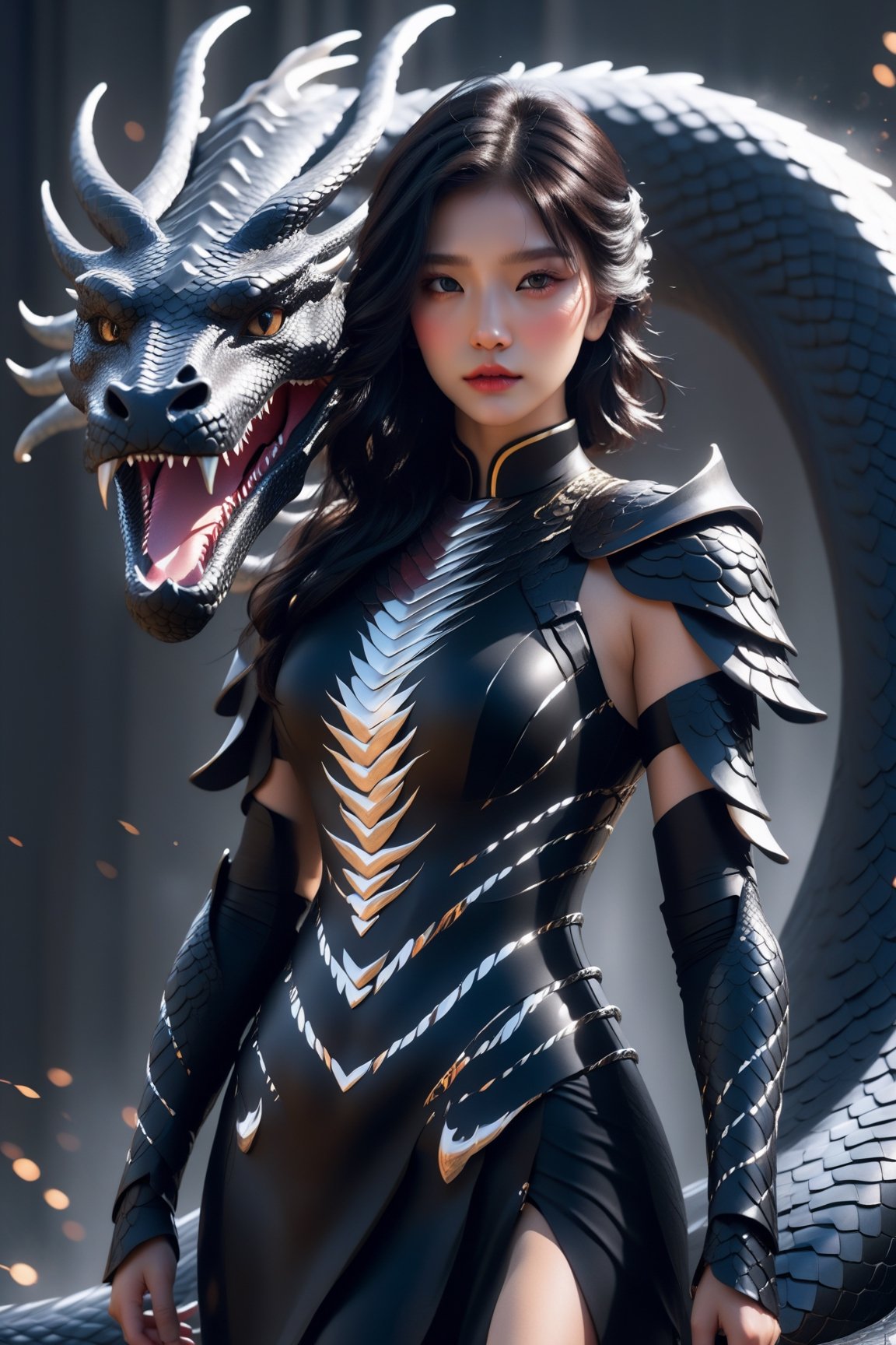 A young woman wearing a black armor-dress, she has black wavy hair with a streak of white hair, around her a powerful serpent is her dragon, fantasy art, raytraced, light particles,AI_Misaki