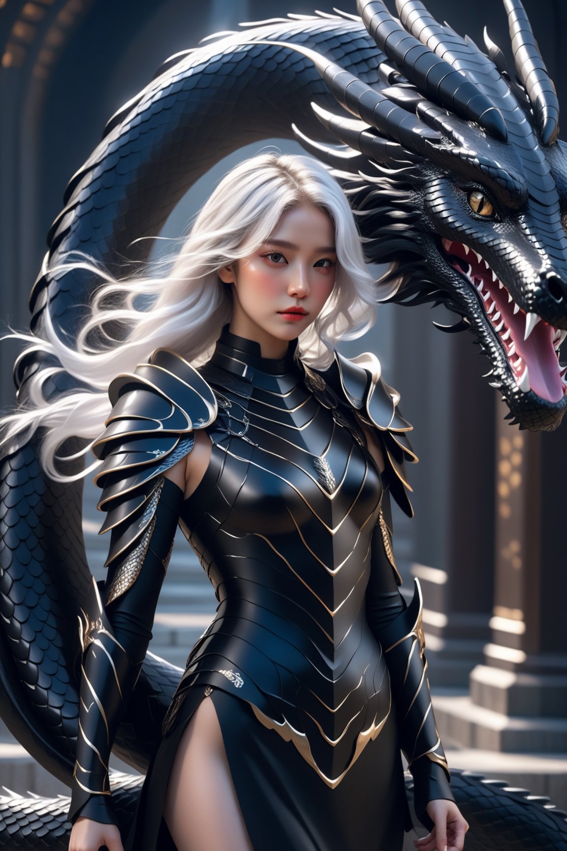 A young woman wearing a black armor-dress, she has black wavy hair with a streak of white hair, around her a powerful serpent is her dragon, fantasy art, raytraced, light particles,AI_Misaki