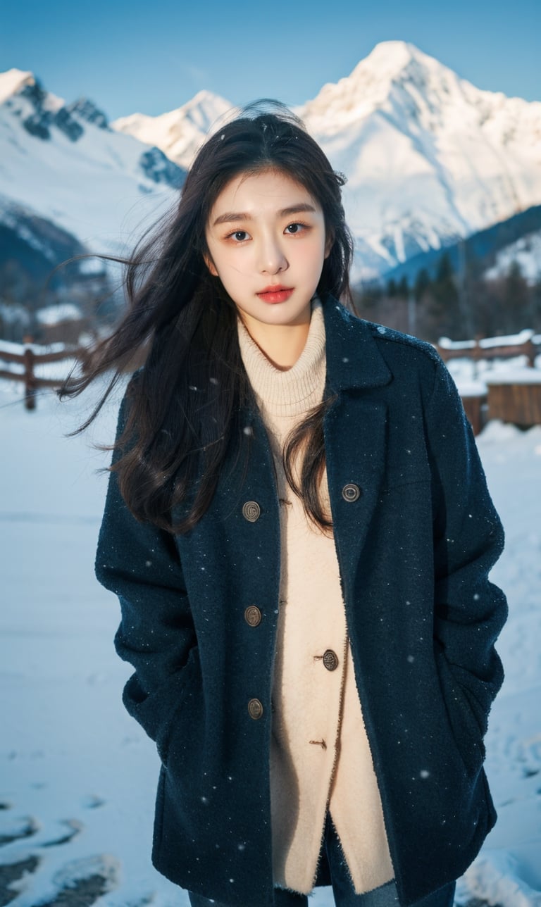 cute girl, winter jacket fashion, RAW photo, realistic, masterpiece, best quality, beautiful skin,
snowy mountains background, 50mm, medium full shot, ,goyoonjung, outdoor, photography