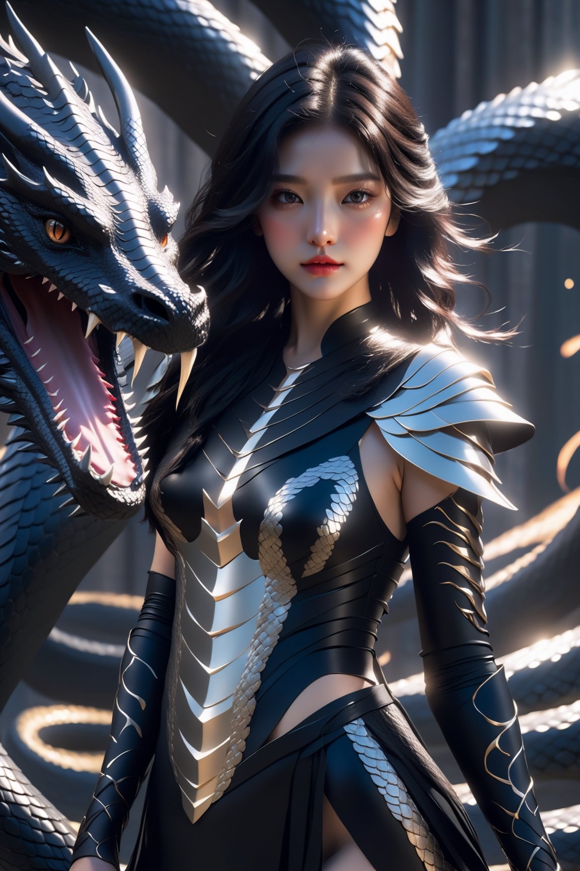 A young woman wearing a black armor-dress, she has black wavy hair with a streak of white hair, around her a powerful serpent is her dragon, fantasy art, raytraced, light particles,AI_Misaki