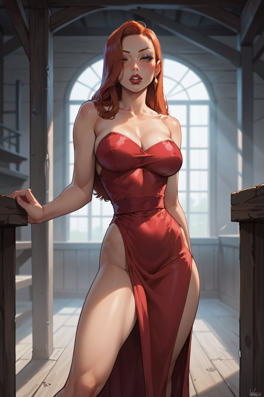Jessica Rabbit striking a powerful pose in an abandoned warehouse,
score_9, score_8_up, score_7_up,source_anime, high res image,masterpiece,best quality, clear skin,shiny hair,ultra detailed eyes