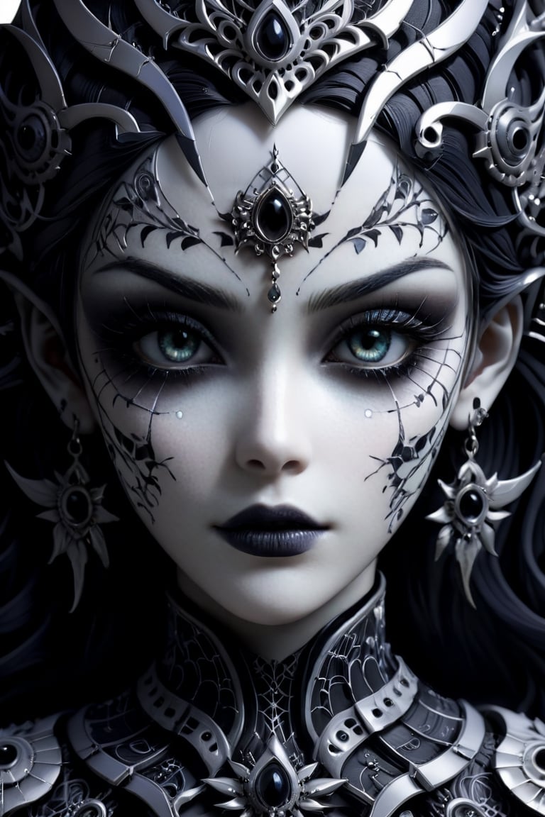 (Black and white, intricate details, close-up of a woman's face with an intricate design, 3DCGI anime fantasy artwork, necro, detailed patterned skin, abstract fragments, impressive eyes, mixed media, 3D rendering Silver painting, symmetrical beauty, ambient occlusion rendering, psytrance), Detailed Textures, high quality, high resolution, high Accuracy, realism, color correction, Proper lighting settings, harmonious composition, Behance works,ct-niji2,xxmix_girl,goth person