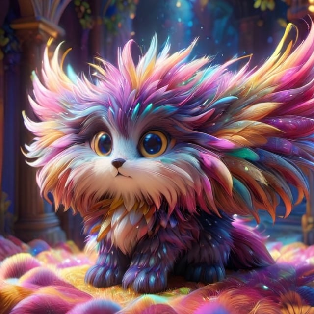 8k,3d,uhd(3D extremely detailed and realistic CG rendering),colorful fur,big bright illustrationed eyes,sparkling background,best illumination,extremely delicate and beautiful,playfulness and loyalty,fluffy,adorable companion,illuminating wings,wings on side of head, on all four legs,expressive eyes,unique personality,cute accessories,natural lighting