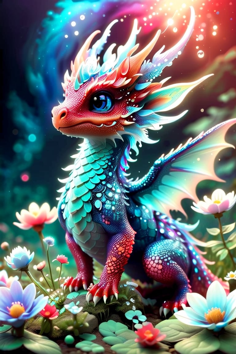 a close up of a tiny fairies dragon in a field of dewy flowers and plants, fantasy gorgeous (((bioluminescent:: translucent))) red and blue lighting, adorable glowing creature, cute little dragon, neon glow concept art, fantasy bioluminescent lighting, crystal dragon, dragon design language, cgsociety 9, glowing neon vray, vfx art, dragon portrait.