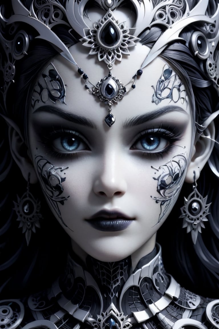 (Black and white, intricate details, close-up of a woman's face with an intricate design, 3DCGI anime fantasy artwork, necro, detailed patterned skin, abstract fragments, impressive eyes, mixed media, 3D rendering Silver painting, symmetrical beauty, ambient occlusion rendering, psytrance), Detailed Textures, high quality, high resolution, high Accuracy, realism, color correction, Proper lighting settings, harmonious composition, Behance works,ct-niji2,xxmix_girl,goth person