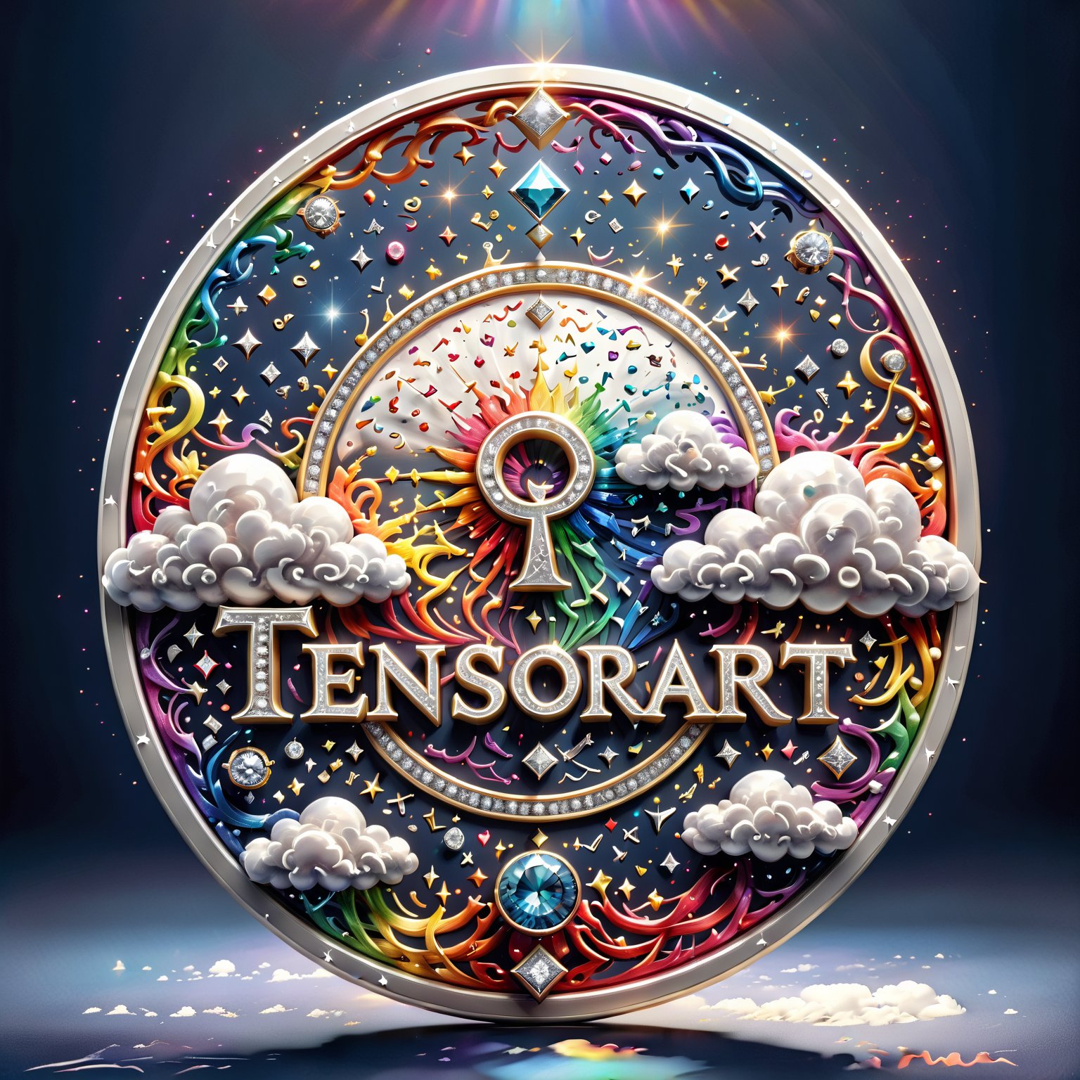 a ultra-detailed intricate round award, diamond and platinum outlines (((text in cursive with only the letters "TENSOR ART"))) rainbow, clouds, diamonds, gems, music notes, inspiration