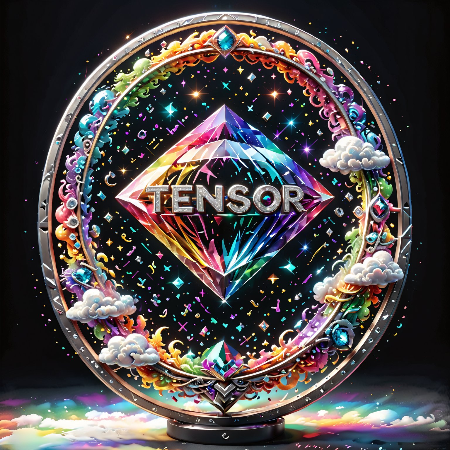 a ultra-detailed intricate round award, diamond and platinum outlines (((text in cursive with only the letters "TENSOR ART"))) rainbow, clouds, diamonds, gems, music notes, inspiration