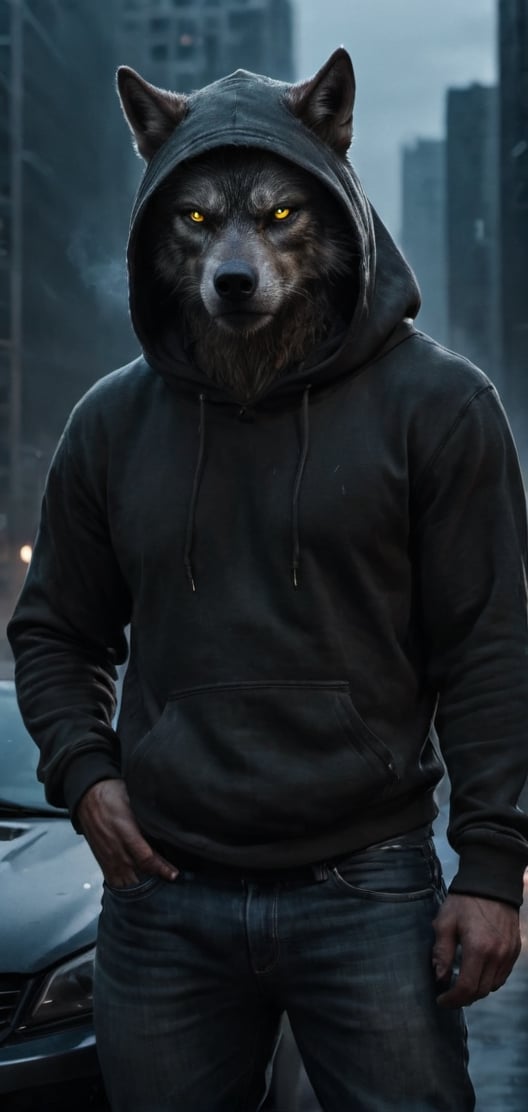 Create a demon wolf man in hoodie leaned on his car. wearing hoddie and jeans,hood covering his head , smoking , boots, city , outdoors, looking pissed, deep glowing eyes, high detailed,photo r3al,Movie Still,