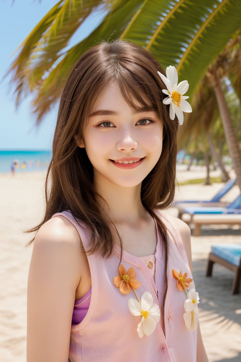 1girl,flower,brown hair,realistic,looking at viewer,hair flower,outdoors,sleeveless,hair ornament,shirt,smile,day,beach,solo,sleeveless shirt,masterpiece,best quality,picture-perfect face,ultra realistic 8k CG,