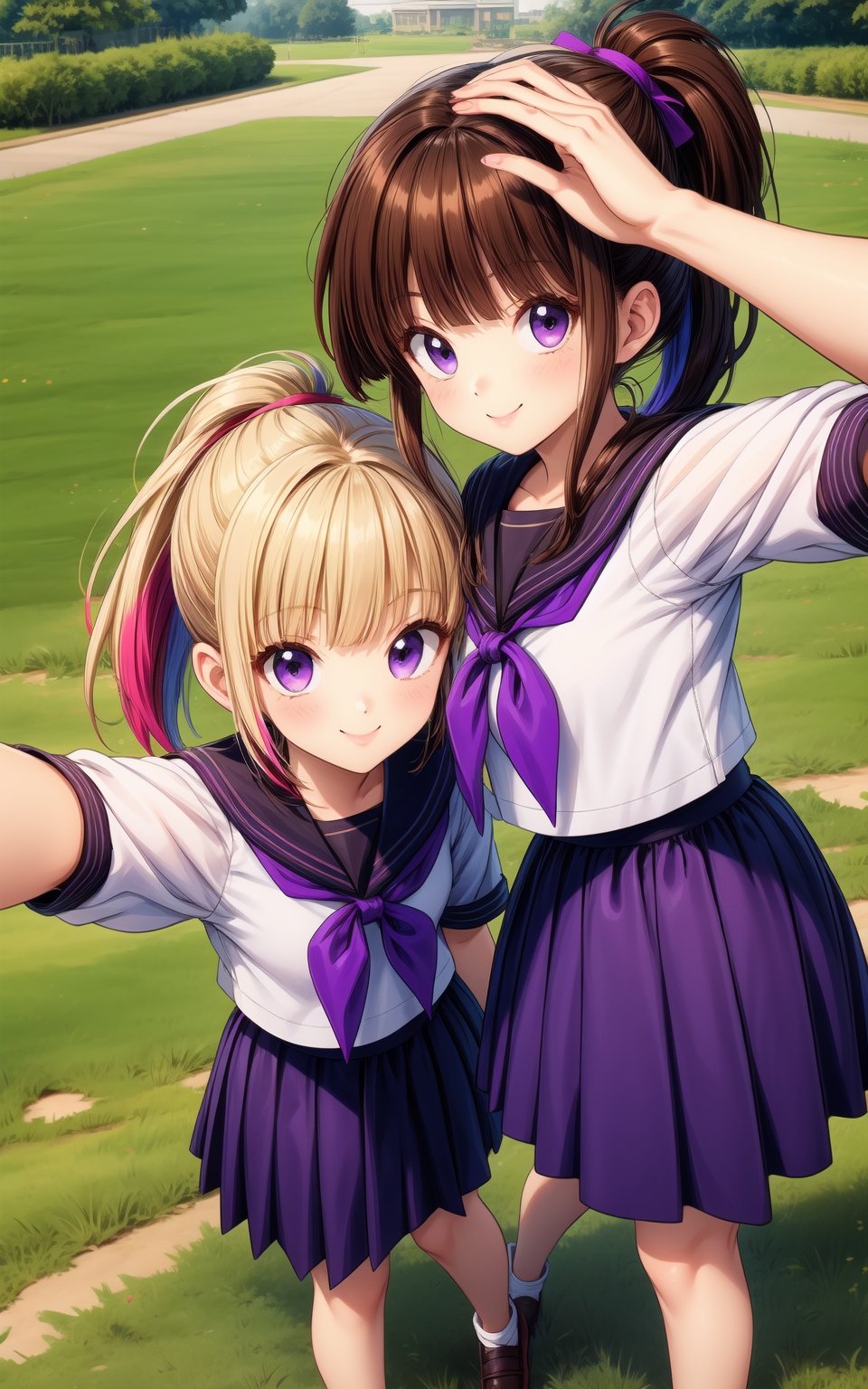 2girls, rika, Two-Tone Hair, multicolored hair, medium hair, blonde hair, brown hair, purple eyes, ponytail, juri, long hair, brown hair, one_side_up, brown eyes, serafuku, outdoors, park, looking at viewer, selfie, smile,AGGA_STDB015,Doggy Style