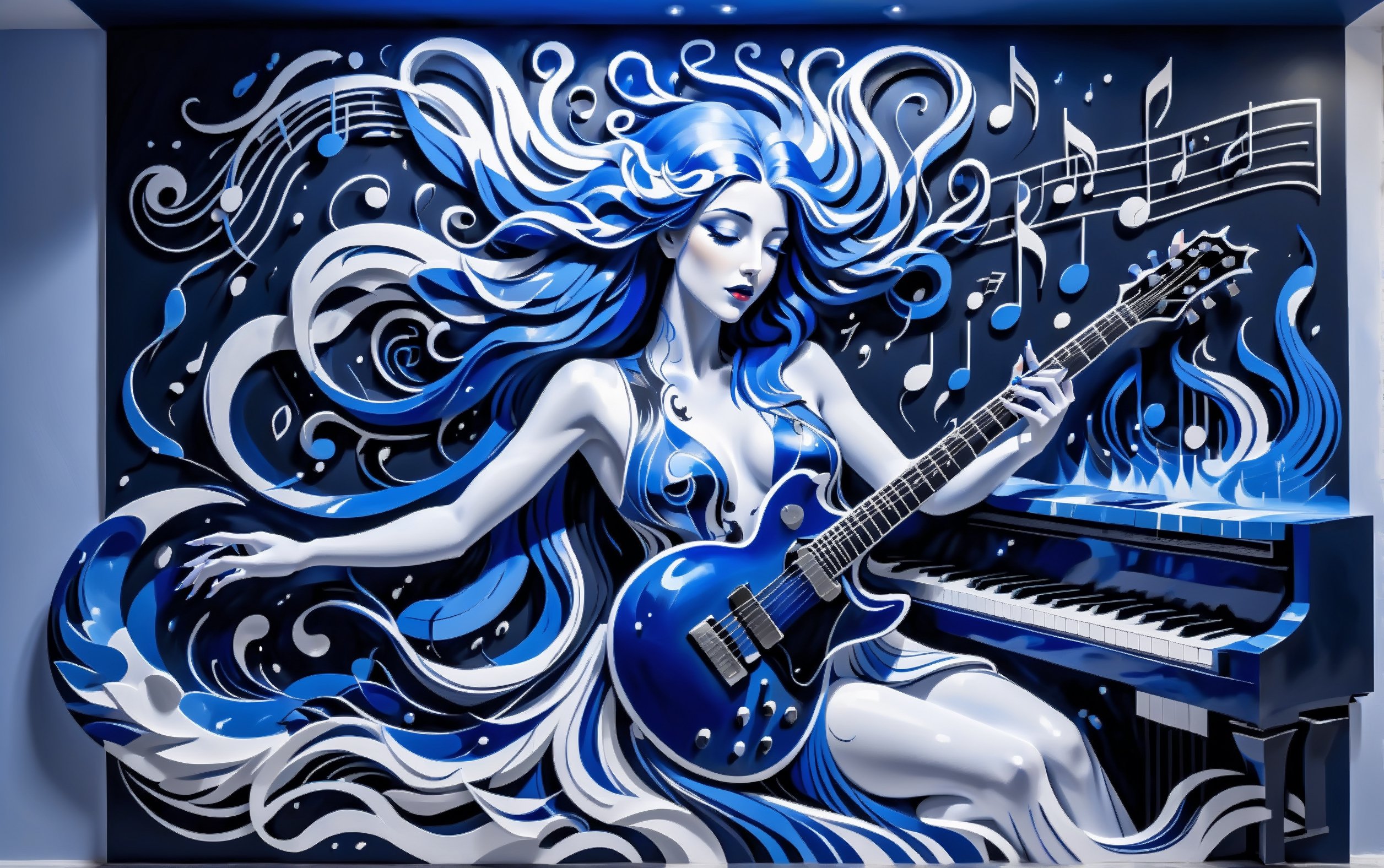 musical art, create an artistic wall painting in shades of cobalt blue, white, and deep blacks, the image has a musical theme, a beautiful woman with long blue hair playing an electric blue guitar surrounded by musical instruments, notes in the air, liquid piano keyboard, detailed dramatic interpretation of music and sound, art deco ,3D MODEL