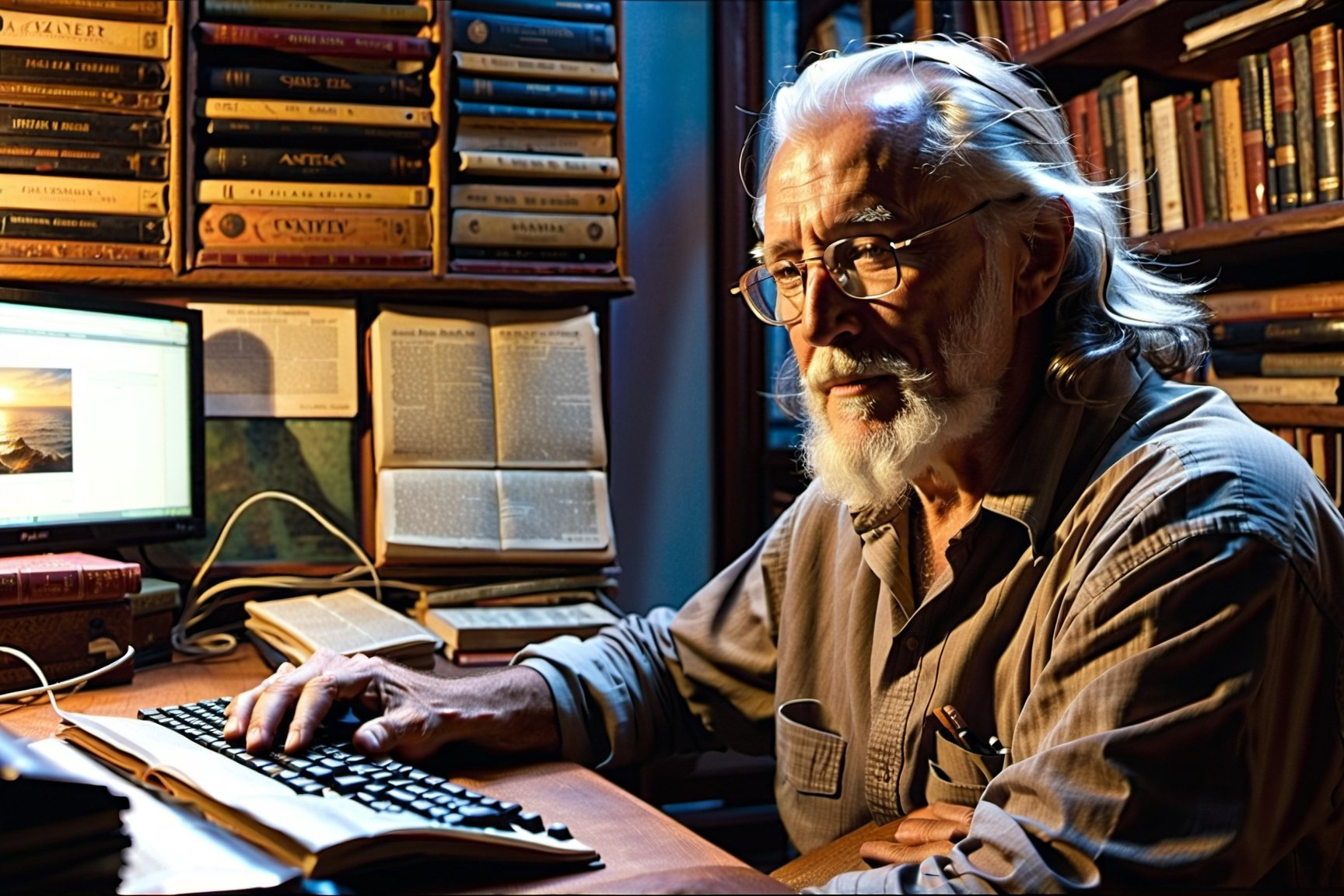 n a cozy corner of his home, **Mr. Earl Starry**, a seasoned tech enthusiast, sits hunched over his trusty computer with morning cup of coffee. His white hair and neatly cropped beard frame his face, and his rectangular black-rimmed "Ray-Ban" glasses perch on the bridge of his nose. The thinning hair is meticulously parted to the side, revealing a lifetime of wisdom etched into his features.

With furrowed brows, he peers at the screen, lost in the digital world. His fingers dance across the keyboard, navigating the virtual landscape with precision. The wrinkles on his forehead tell tales of countless hours spent deciphering code, troubleshooting glitches, and exploring the vast expanse of the internet.

The room is bathed in the soft glow of the monitor, casting shadows on the worn wooden desk. A cup of steaming coffee sits within arm's reach, its aroma mingling with the hum of the computer. Mr. Gray's concentration is unyielding; he's a modern-day explorer, charting unknown territories in the vast sea of information.

Outside the window, the sun sets, casting a warm glow on the bookshelves lined with dog-eared manuals and dusty hardcovers. The world may have changed around him, but here, in this digital sanctuary, Mr. Gray remains steadfast—a testament to the timeless pursuit of knowledge.

And so, with determination etched into every pixel, our tech-savvy senior continues his quest, one keystroke at a time., Watercolor, trending on artstation, sharp focus, studio photo, intricate details, highly detailed, by greg rutkowski, more detail XL, hyper detailed, realistic, oil painting, by julie bell, frank frazetta, cinematic lighting
