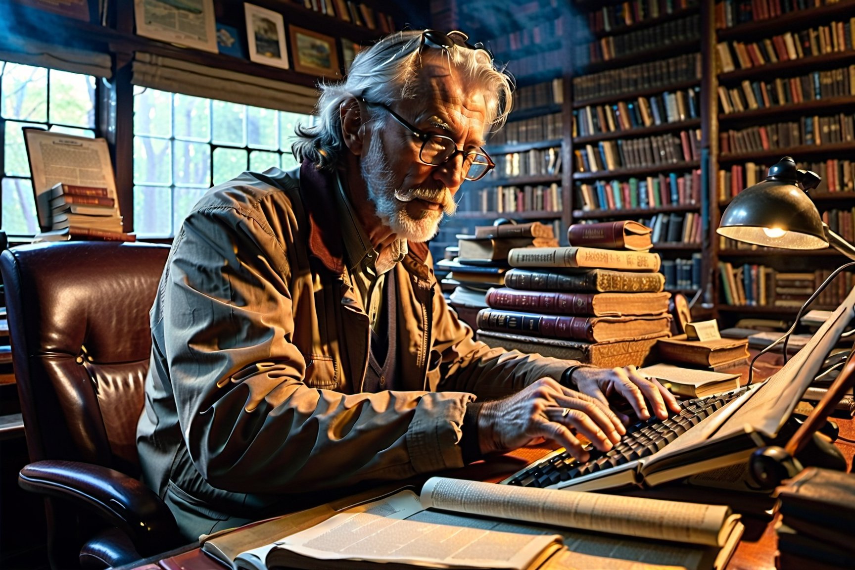 n a bustling coffee shop, **Mr. Earl Starry**, a seasoned tech enthusiast, sits hunched over his trusty computer with morning cup of coffee. His white hair and neatly cropped beard frame his face, and his rectangular black-rimmed "Ray-Ban" glasses perch on the bridge of his nose. The thinning hair is meticulously parted to the side, revealing a lifetime of wisdom etched into his features.

With furrowed brows, he peers at the screen, lost in the digital world. His fingers dance across the keyboard, navigating the virtual landscape with precision. The wrinkles on his forehead tell tales of countless hours spent deciphering code, troubleshooting glitches, and exploring the vast expanse of the internet.

The room is bathed in the soft glow of the monitor, casting shadows on the worn wooden desk. A cup of steaming coffee sits within arm's reach, its aroma mingling with the hum of the computer. Mr. Gray's concentration is unyielding; he's a modern-day explorer, charting unknown territories in the vast sea of information.

Outside the window, the sun sets, casting a warm glow on the bookshelves lined with dog-eared manuals and dusty hardcovers. The world may have changed around him, but here, in this digital sanctuary, Mr. Gray remains steadfast—a testament to the timeless pursuit of knowledge.

And so, with determination etched into every pixel, our tech-savvy senior continues his quest, one keystroke at a time., Watercolor, trending on artstation, sharp focus, studio photo, intricate details, highly detailed, by greg rutkowski, more detail XL, hyper detailed, realistic, oil painting, by julie bell, frank frazetta, cinematic lighting
