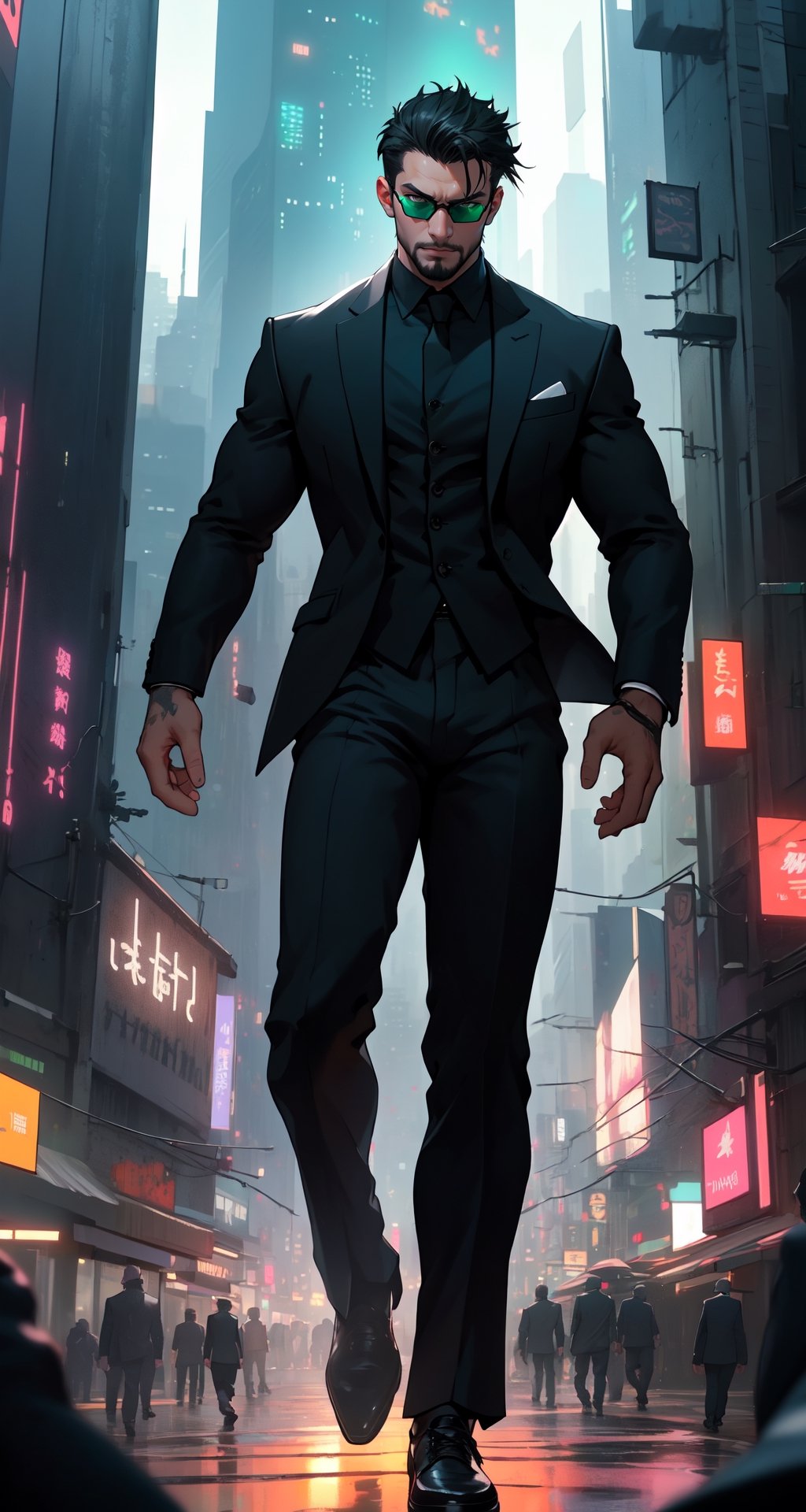 Master masterpiece, high-definition picture quality, matrix style, Matrix, ((1matureman)), the correct body proportion, black glasses, short-hair, little facial hair, brown_eyes, city, green, all-black suit, dark night, buildings, Code matrix cascading from top to bottom, Cyberpunk