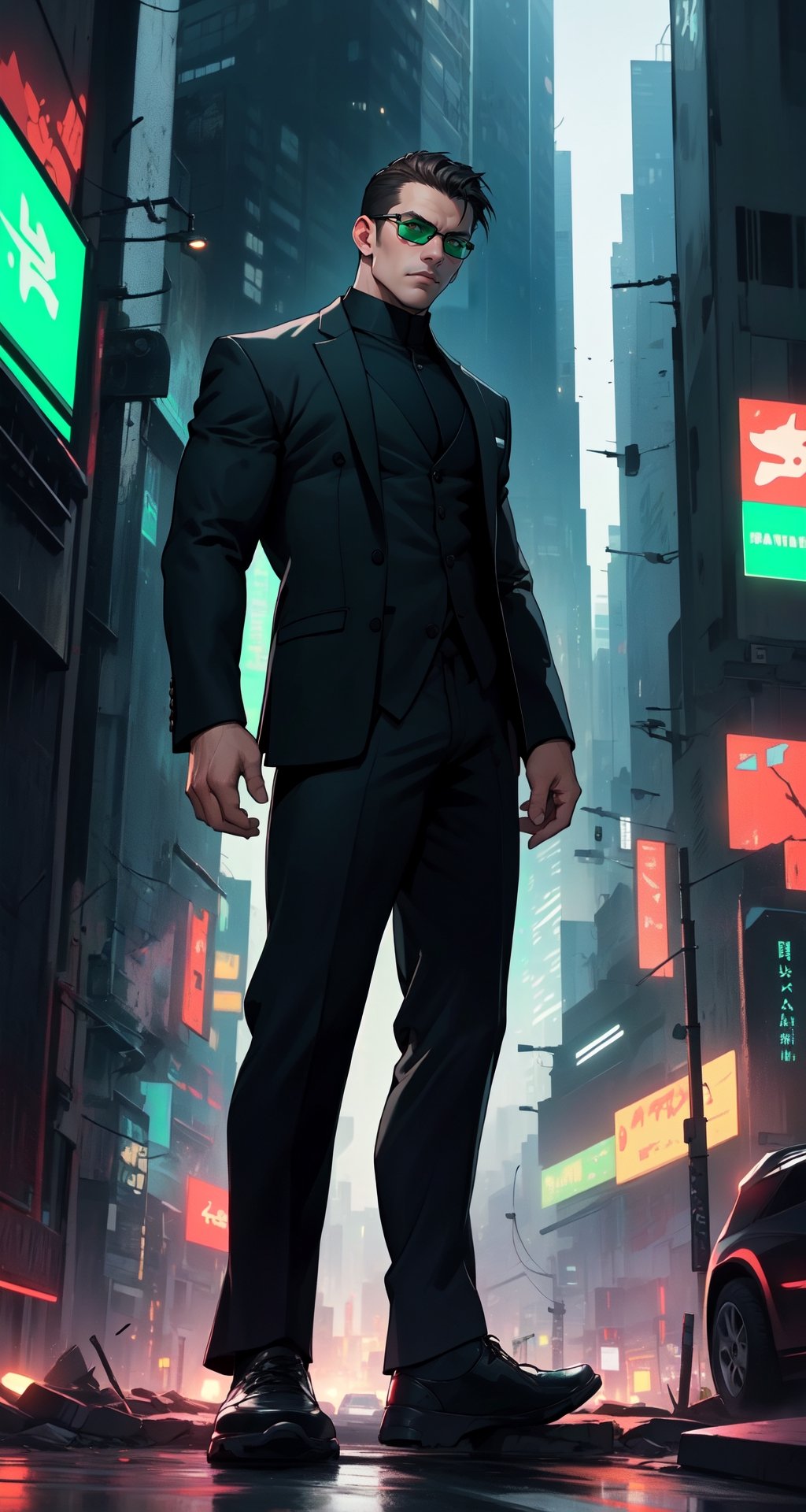 Master masterpiece, high-definition picture quality, matrix style, Matrix, ((1matureman)), the correct body proportion, black glasses, short-hair, brown_eyes, city, green, all-black suit, dark night, buildings, Code matrix cascading from top to bottom, Cyberpunk