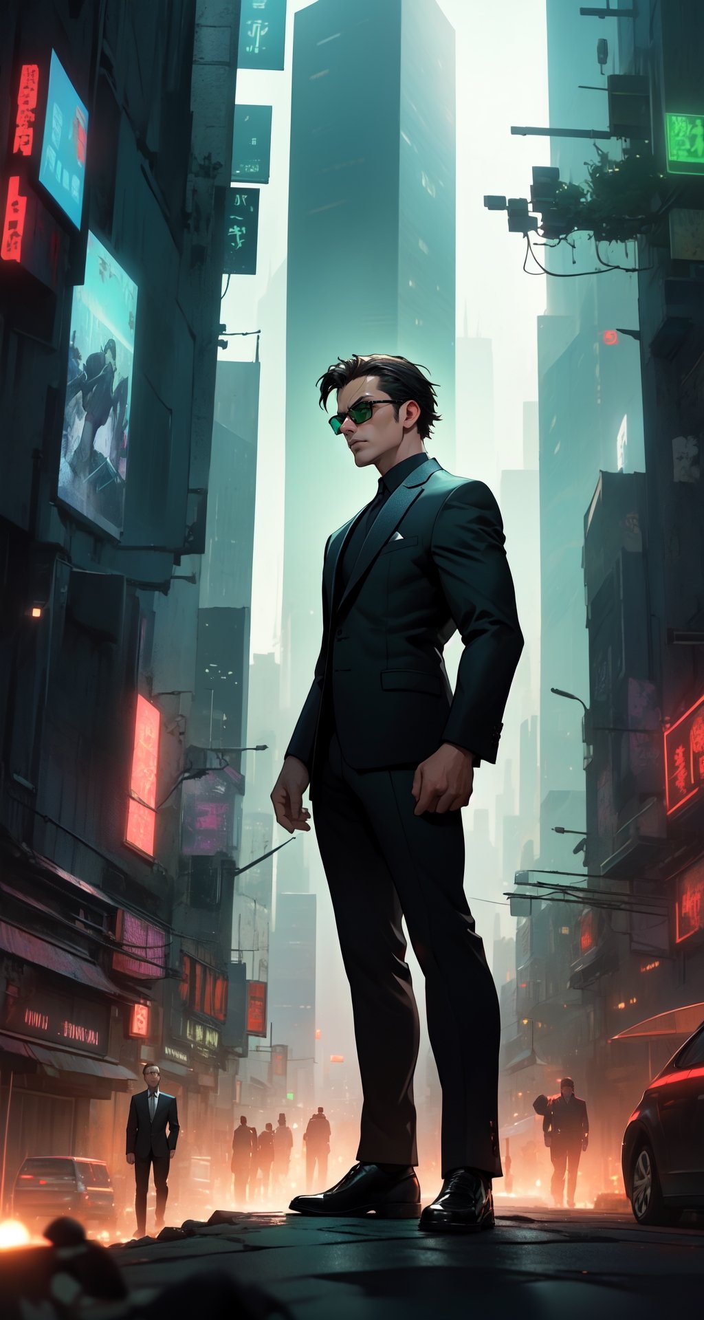 Master masterpiece, high-definition picture quality, matrix style, Matrix, ((1matureman)), the correct body proportion, black glasses, short-hair, brown_eyes, city, green, all-black suit, dark night, buildings, Code matrix cascading from top to bottom, Cyberpunk