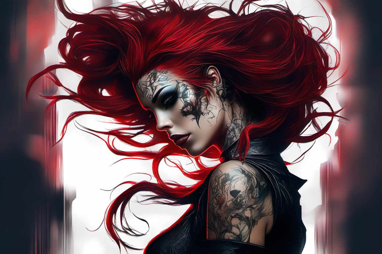 Tattoo sketch, by enki bilal, double exposure. high quality, high detail, (16K Ultra HD), (masterpiece), (best quality), (ultra realistic detail).  (beautiful rockabilly girl), (cherry red hair with dark roots), dark smoky background