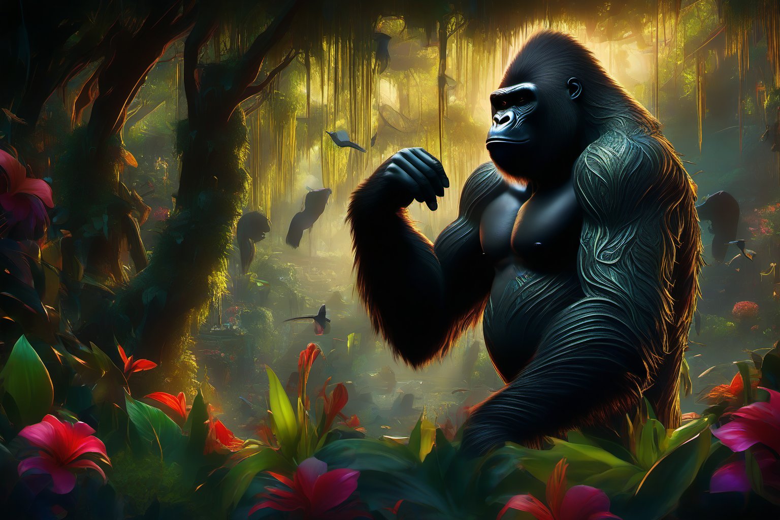 A majestic gorilla stands tall, its imposing figure dominating the lush jungle clearing. Framed by a vibrant green tangle of foliage, the primate's gleaming fur reflects the warm dappled light filtering through the canopy above. The humid air is heavy with the scents of tropical blooms and the sounds of exotic creatures, as the gorilla's powerful presence commands attention in this verdant jungle sanctuary.