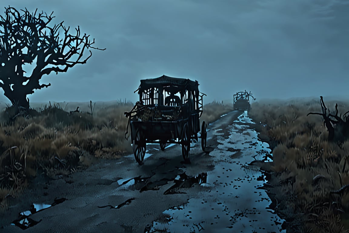 A dimly lit, deserted road stretches out like a canvas of darkness. A cart, devoid of its burden, glides smoothly across the desolate terrain, leaving behind a haunting trail of skeletal remains - the eerie imprint of what once supported the weight of the cart's journey. The air is heavy with the scent of decay and foreboding.
